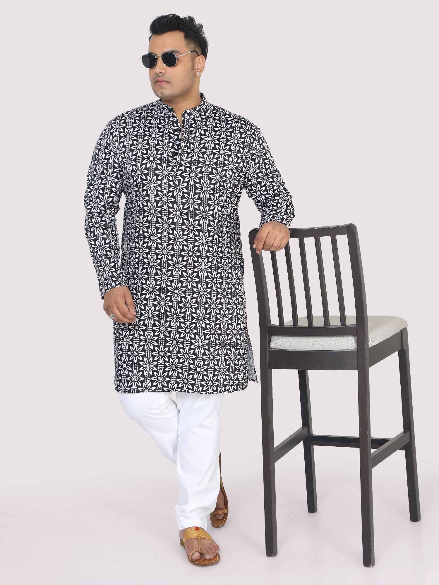 Men Plus Size Black Floral Digital Printed Kurta - Guniaa Fashions