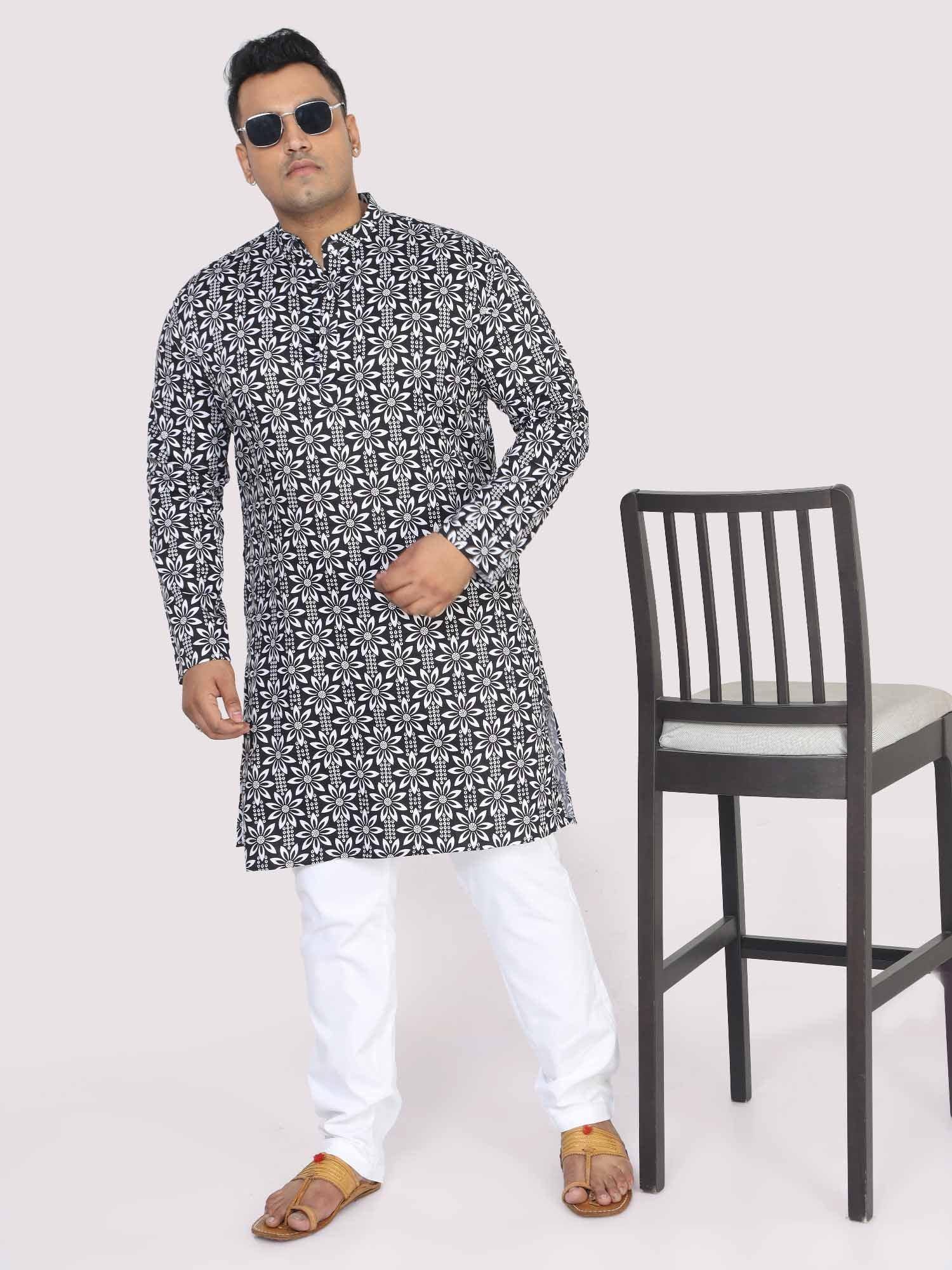 Men Plus Size Black Floral Digital Printed Kurta - Guniaa Fashions