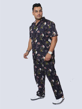 Men Plus Size Black Floral Printed FULL Sleeve Co-Ords - Guniaa Fashions