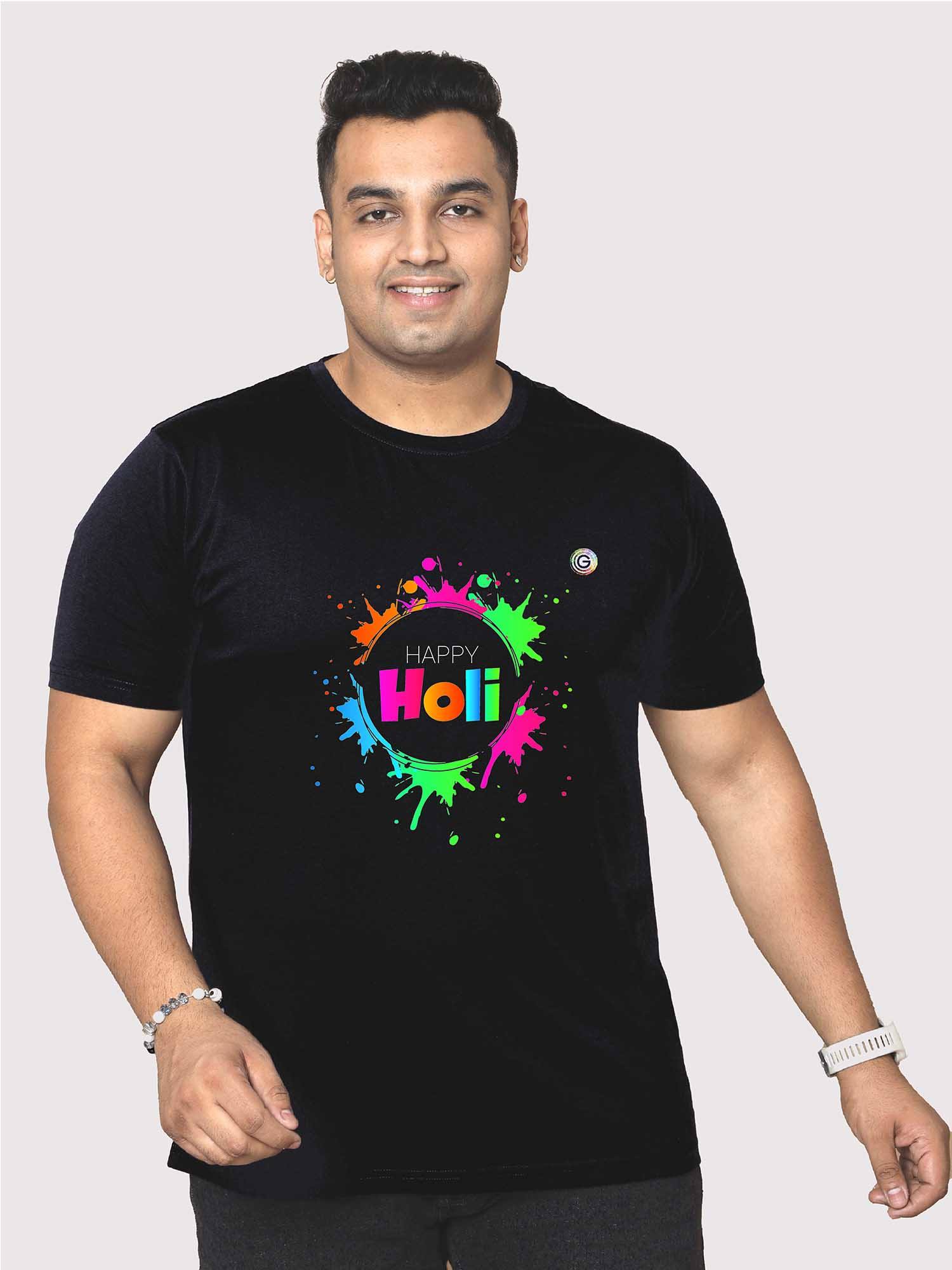 Men Plus Size Black Happy Holi Graphic Printed Round Neck T-Shirt - Guniaa Fashions
