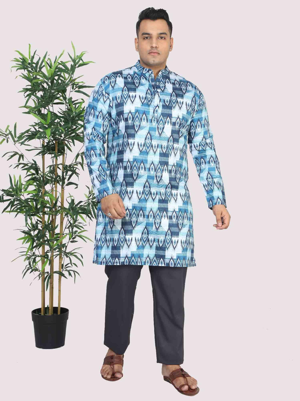 Men Plus Size Blue Ikat Digital Printed Kurta - Guniaa Fashions