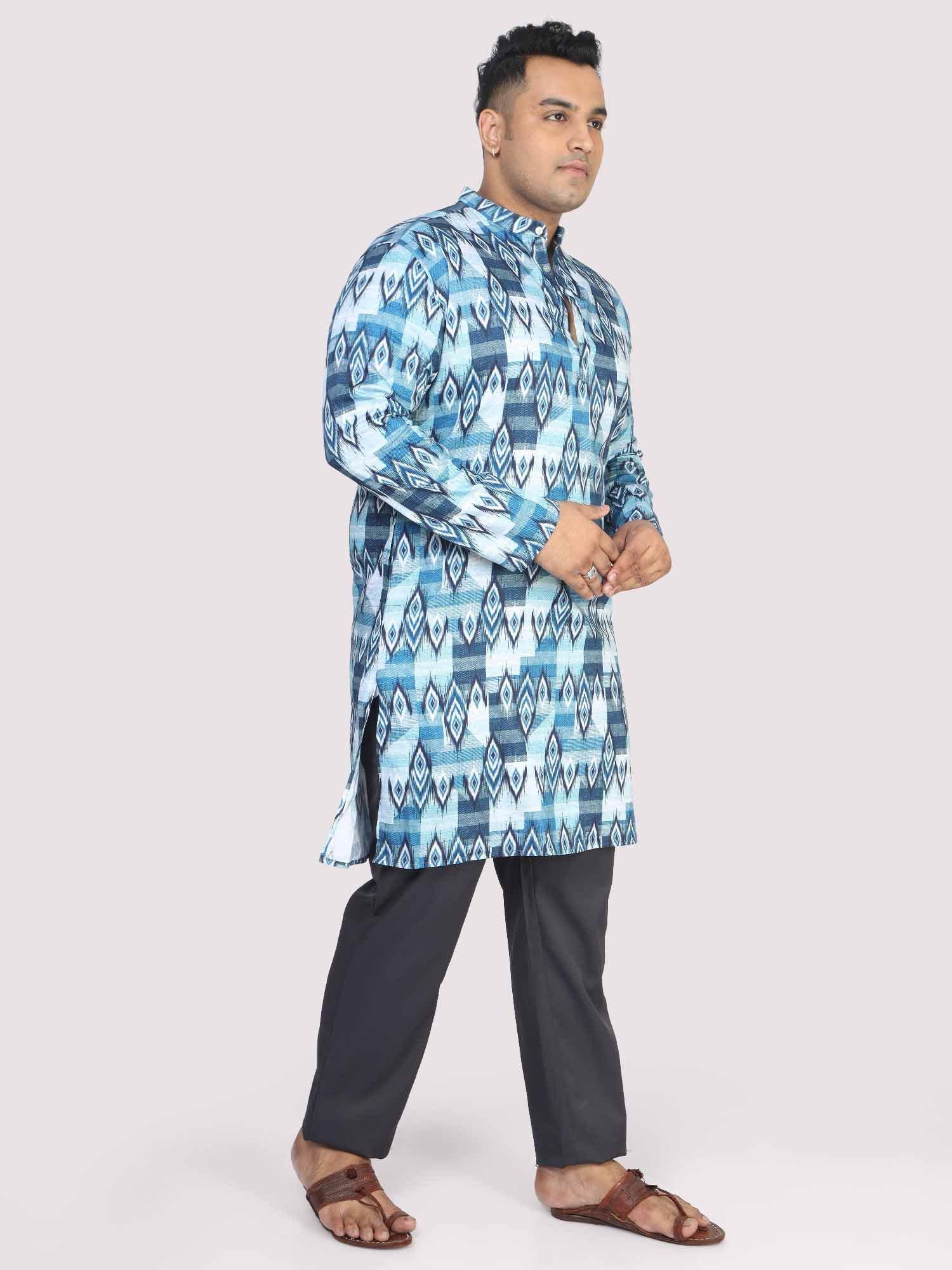 Men Plus Size Blue Ikat Digital Printed Kurta - Guniaa Fashions