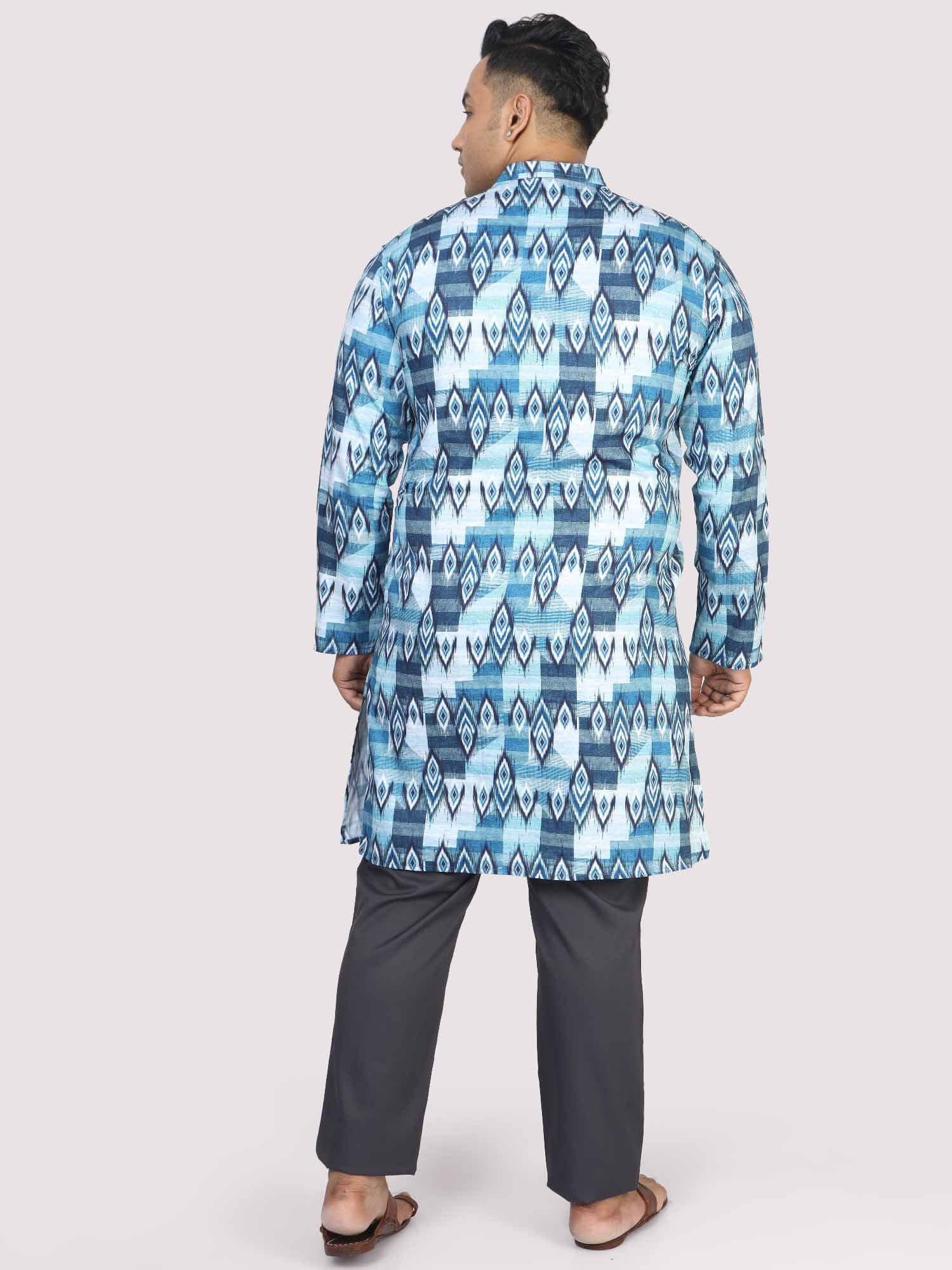 Men Plus Size Blue Ikat Digital Printed Kurta - Guniaa Fashions
