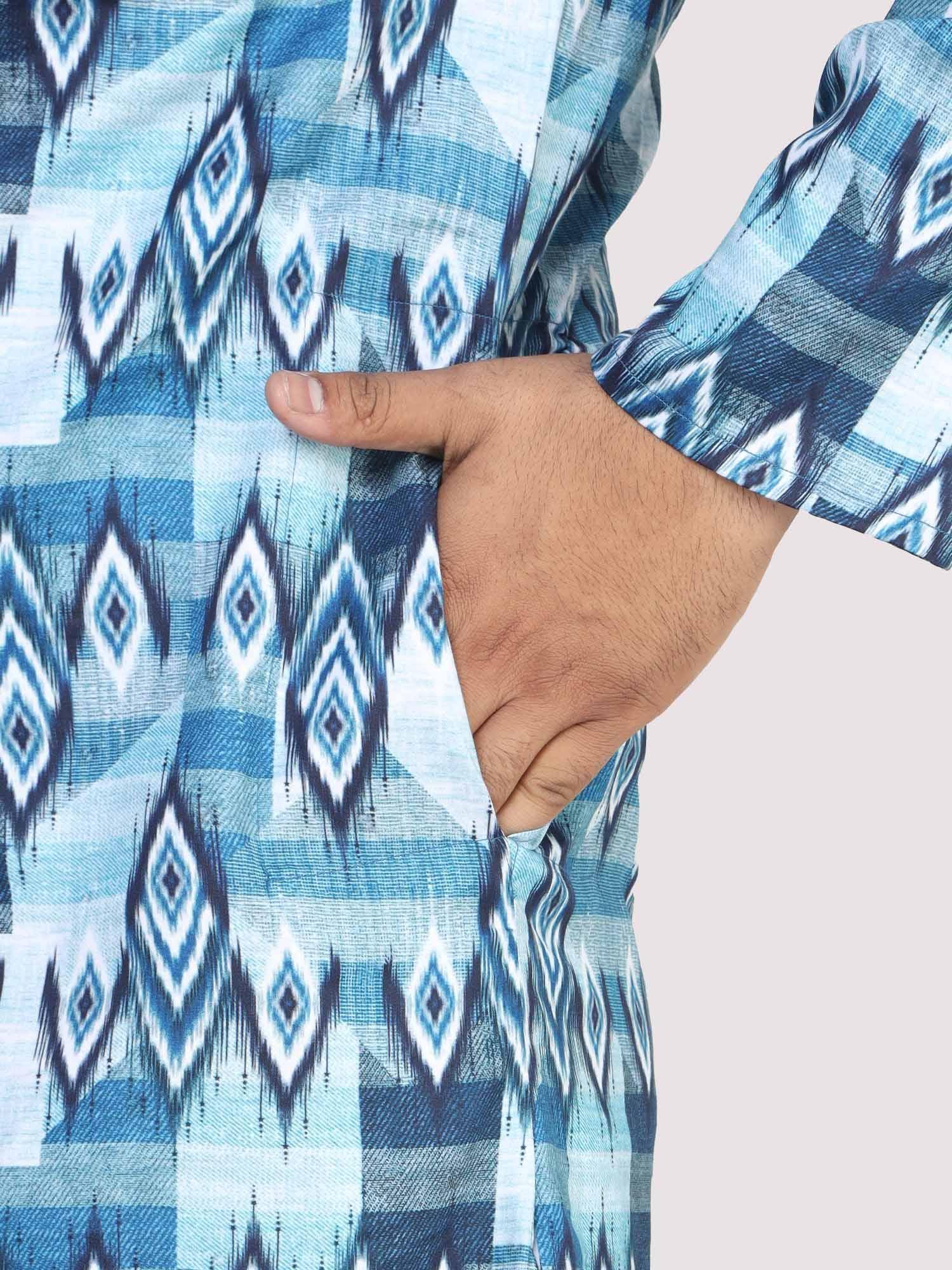 Men Plus Size Blue Ikat Digital Printed Kurta - Guniaa Fashions