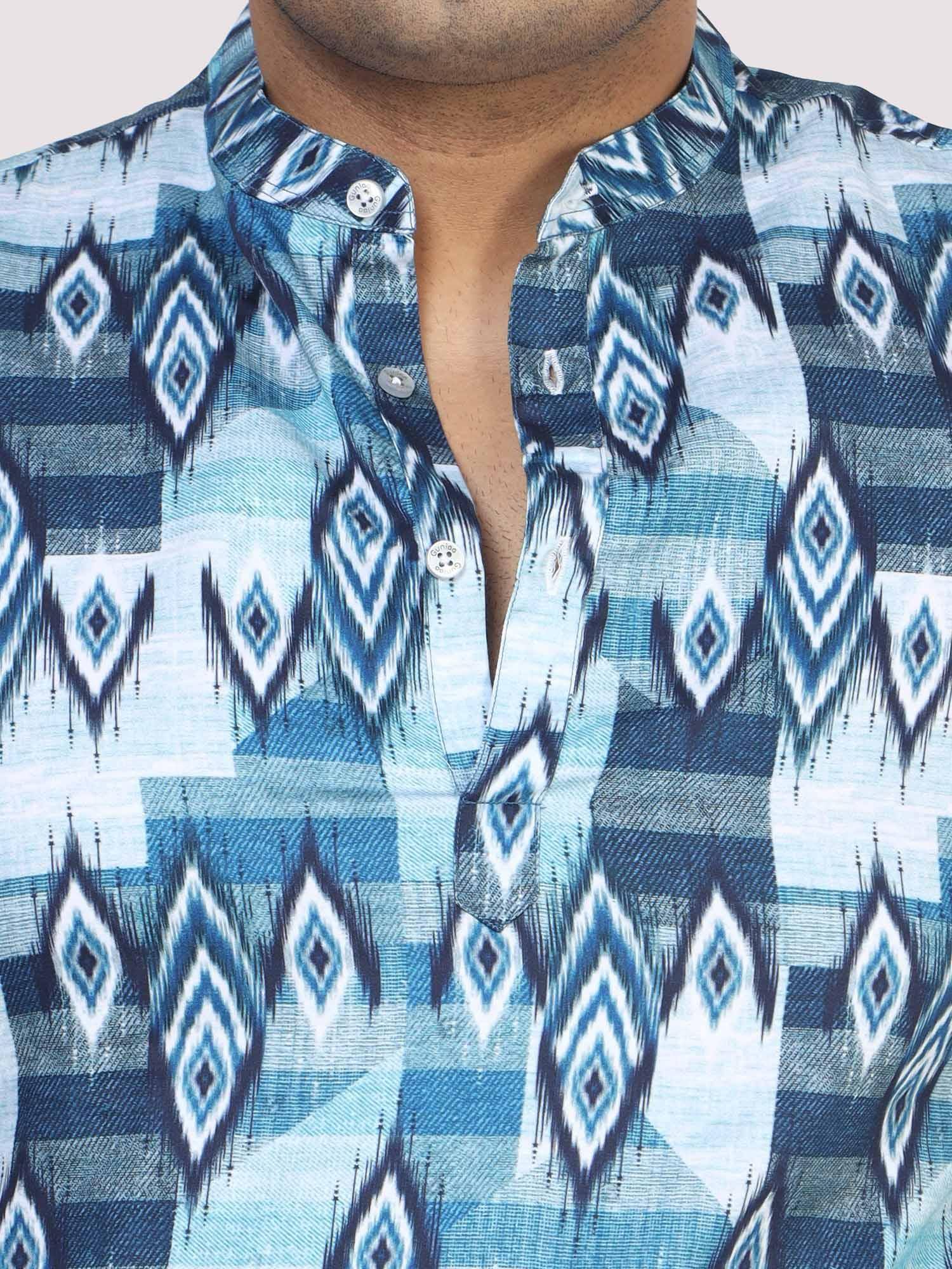 Men Plus Size Blue Ikat Digital Printed Kurta - Guniaa Fashions