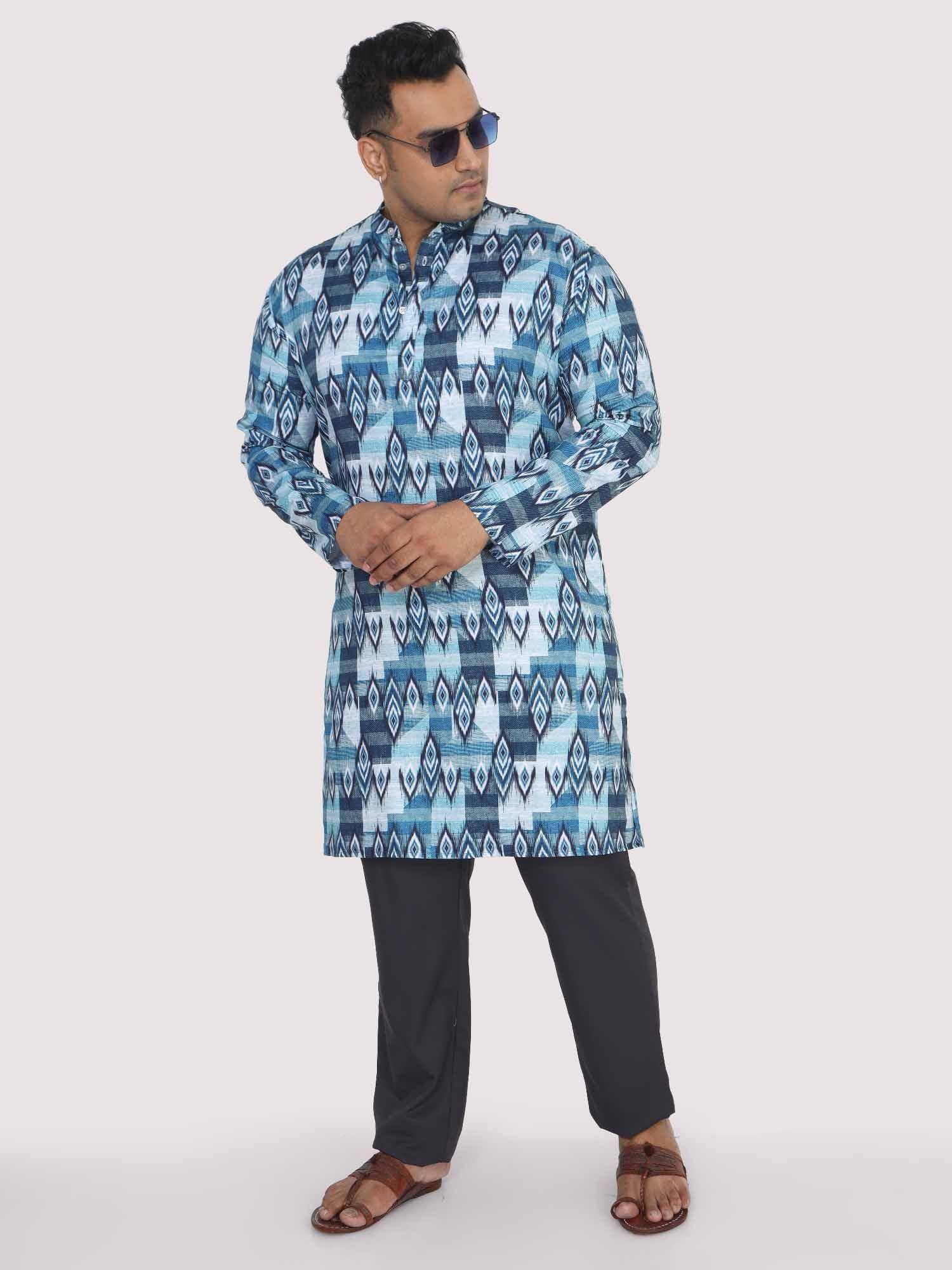 Men Plus Size Blue Ikat Digital Printed Kurta - Guniaa Fashions