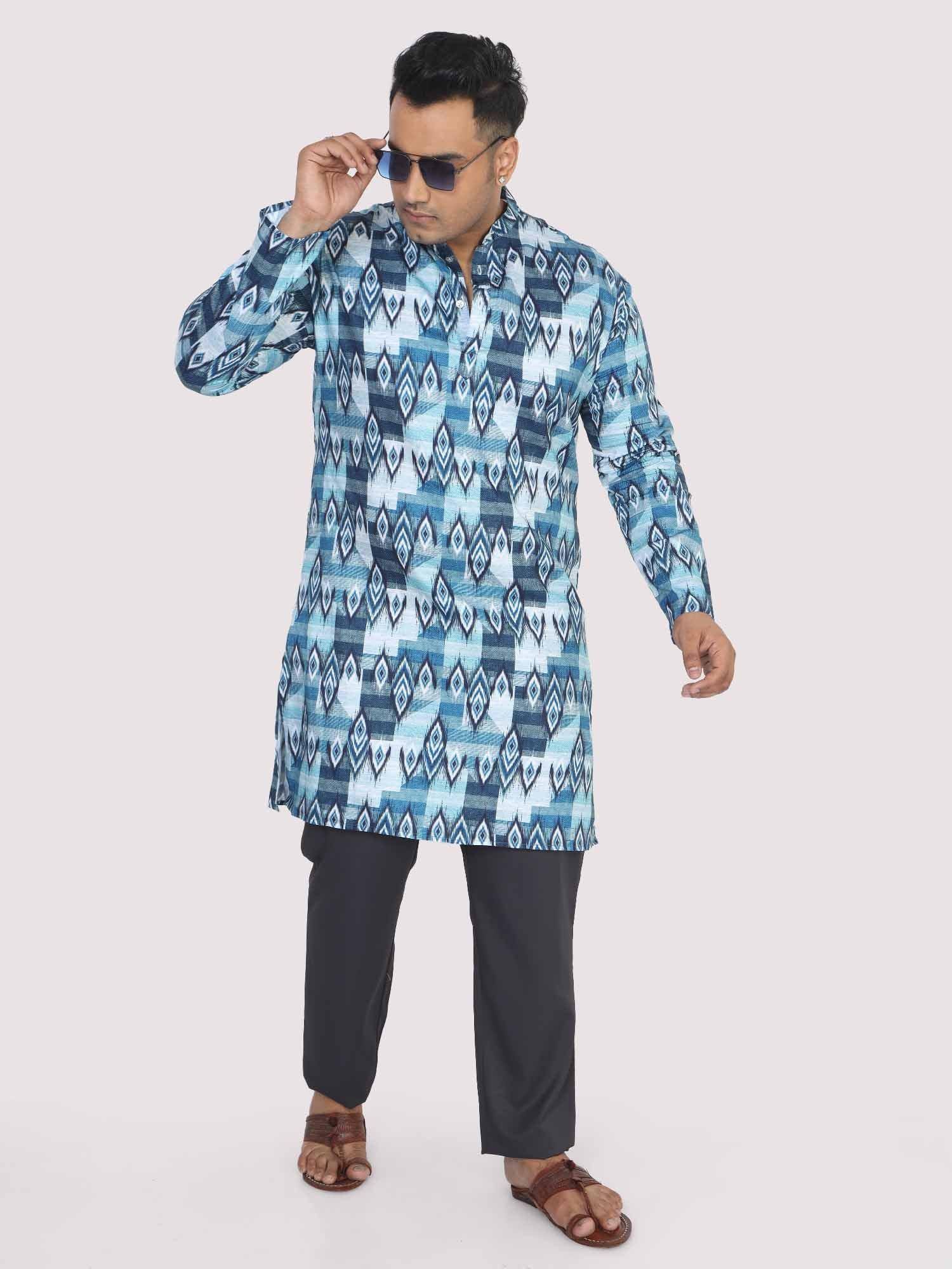 Men Plus Size Blue Ikat Digital Printed Kurta - Guniaa Fashions
