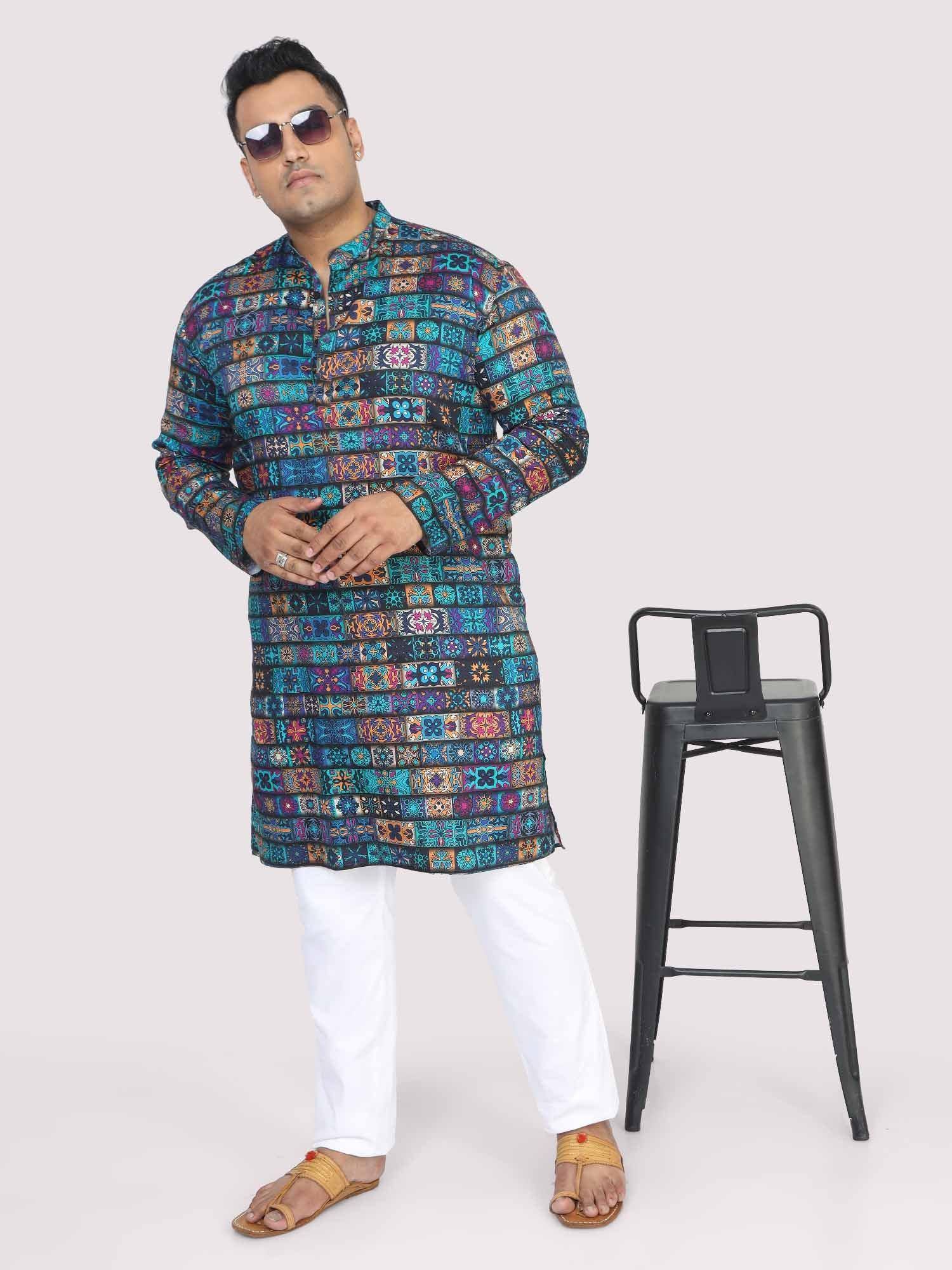 Men Plus Size Blue Royal Digital Printed Kurta Festive - Guniaa Fashions