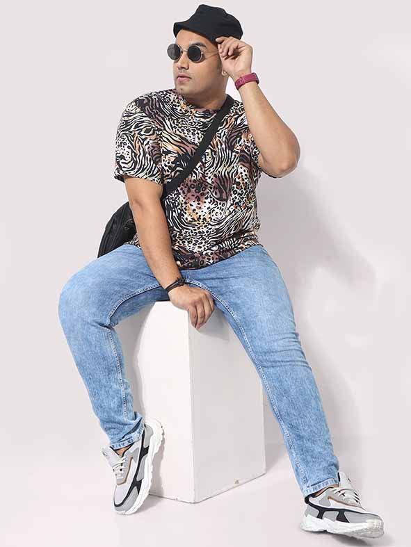Men Plus Size Cheetah Pattern Digital Printed Round Neck T-Shirt - Guniaa Fashions
