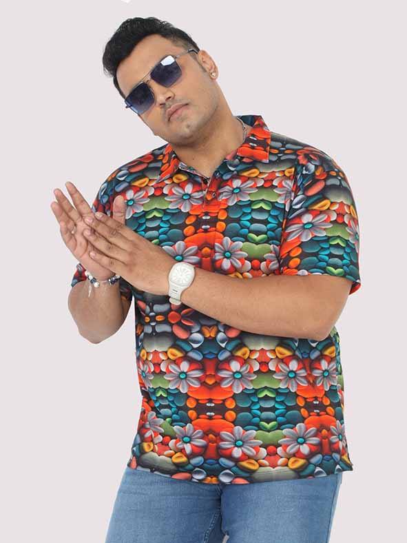 Men Plus Size Flower Mirror Digital Printed Polo Collar T-shirt - Guniaa Fashions