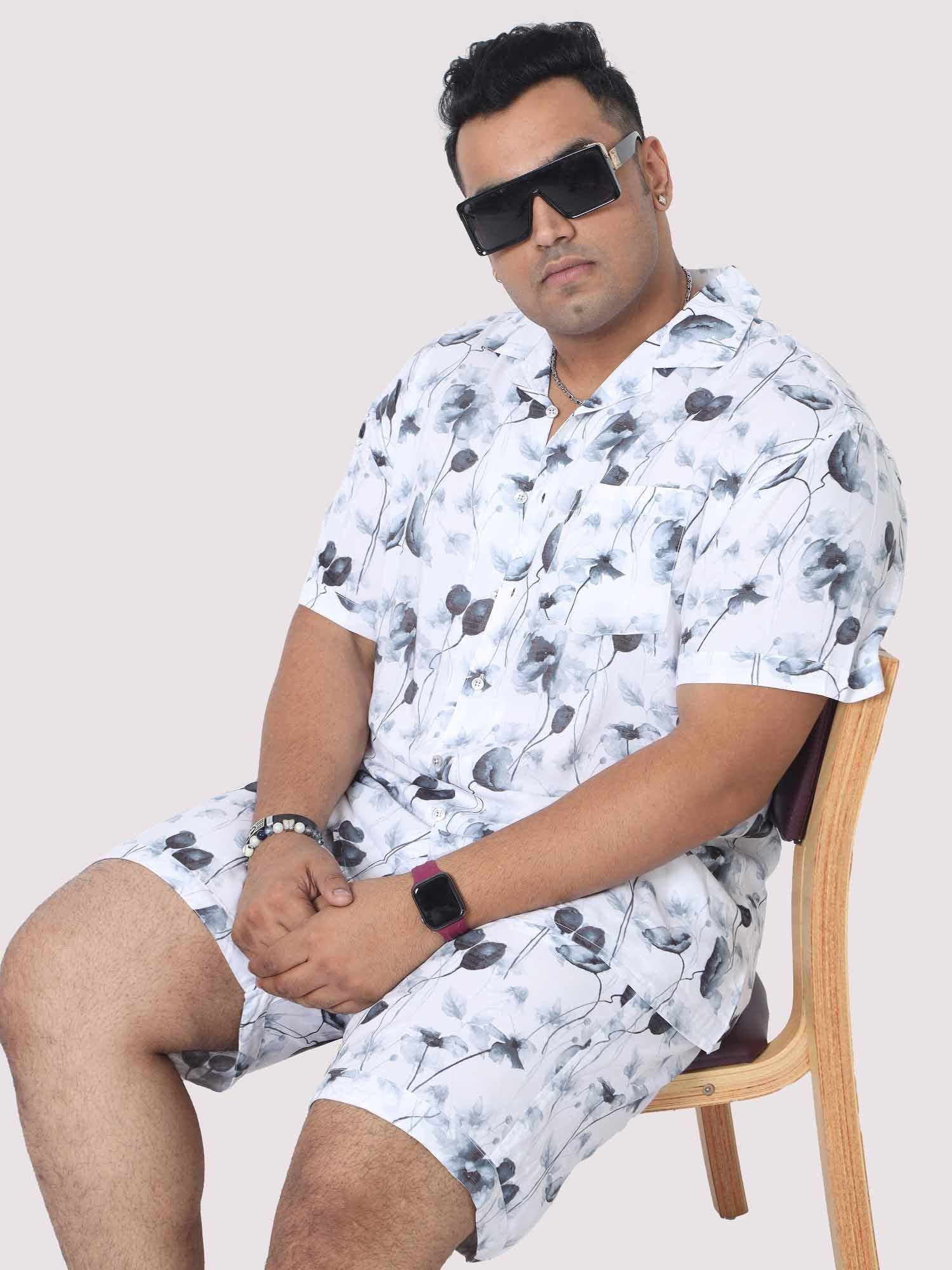 Men Plus Size Grey Blossom Printed Half Sleeve Co-Ords - Guniaa Fashions