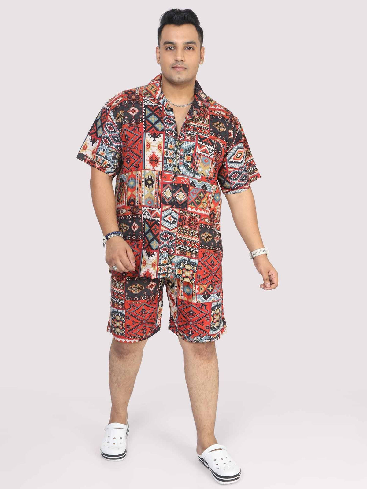 Men Plus Size Multi Ikat Printed Half Sleeve Co-Ords - Guniaa Fashions