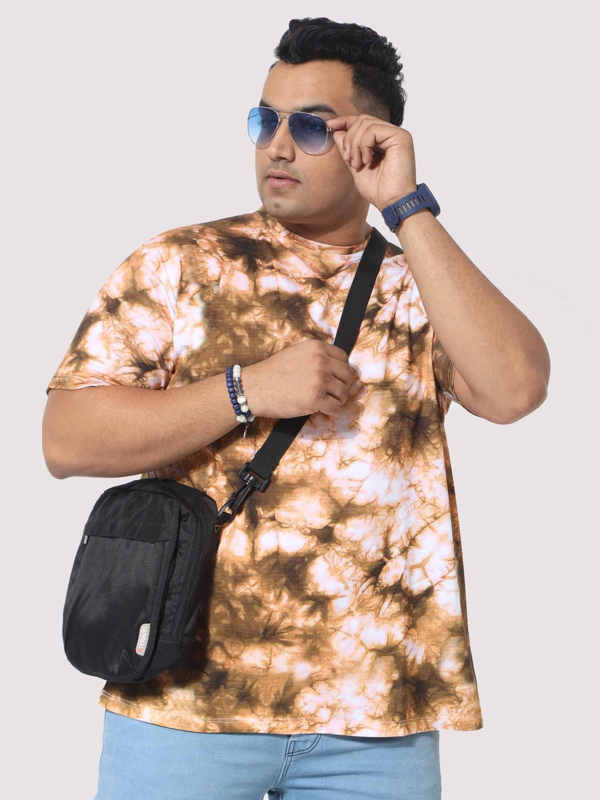 Men Plus Size Mustard Tie Dye Texture Digital Printed Round Neck T-Shirt - Guniaa Fashions