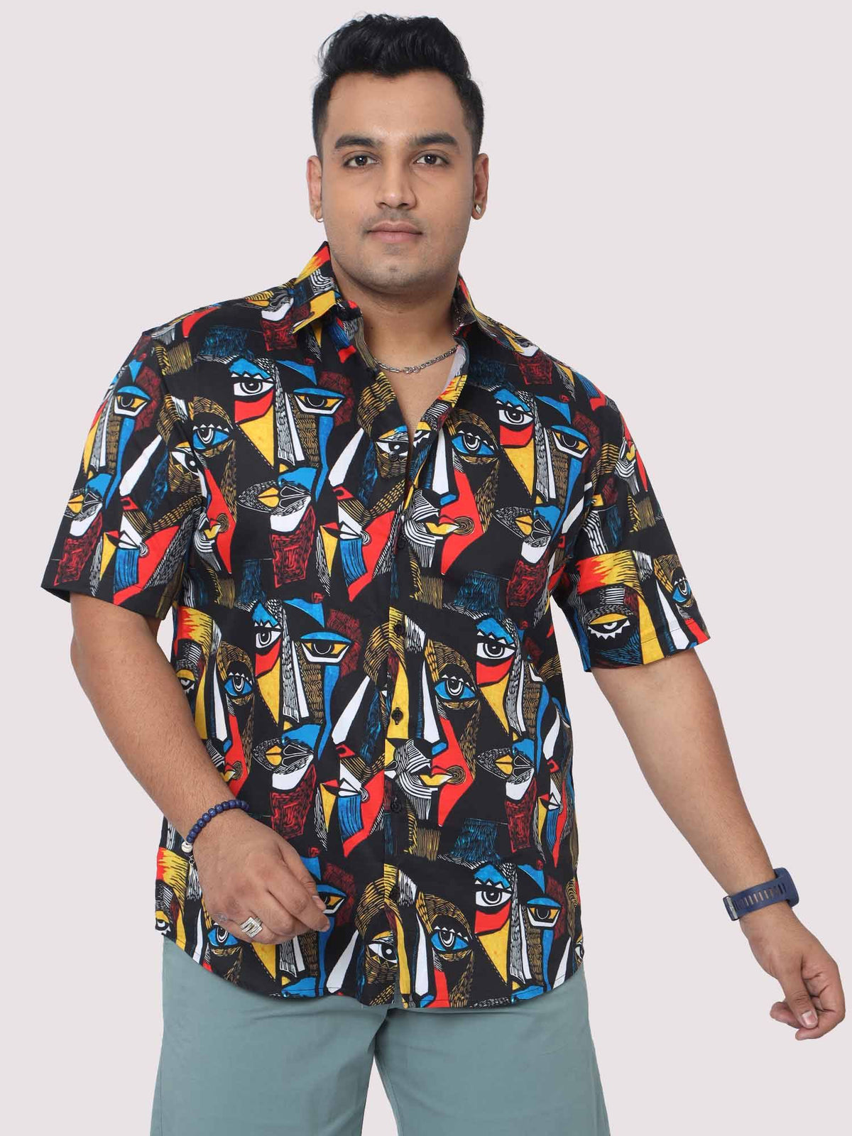 Men Plus Size Mystical Faces Digital Printed Half Shirt - Guniaa Fashions