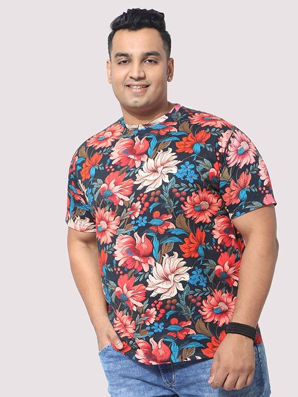 Men Plus Size Red Floral Digital Printed Round Neck T-Shirt - Guniaa Fashions