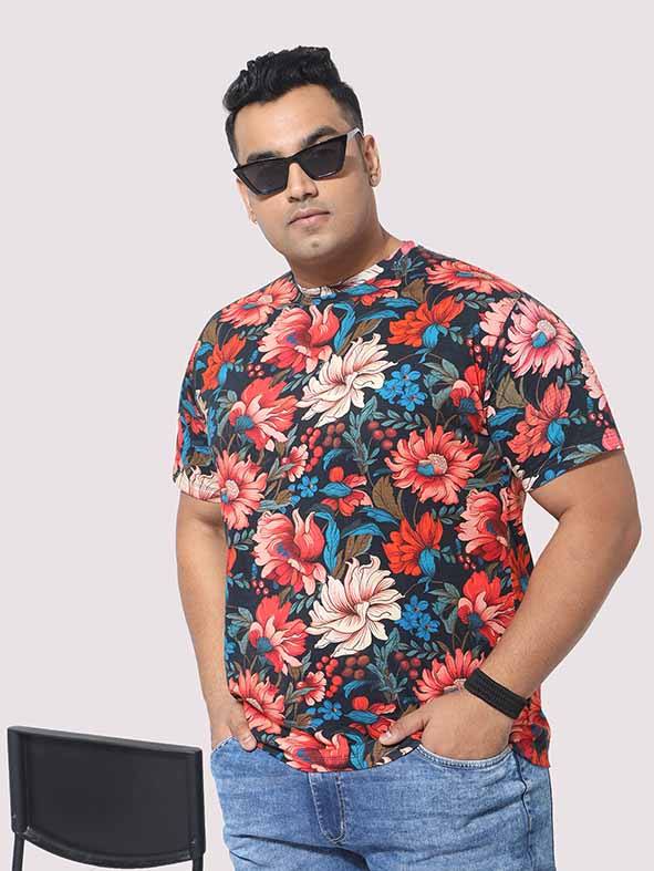 Men Plus Size Red Floral Digital Printed Round Neck T-Shirt - Guniaa Fashions
