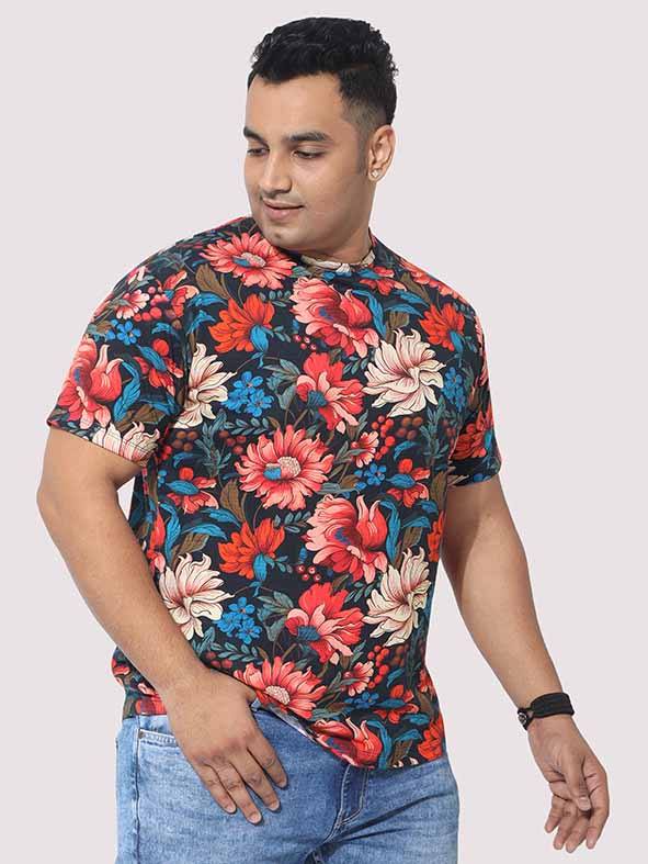 Men Plus Size Red Floral Digital Printed Round Neck T-Shirt - Guniaa Fashions