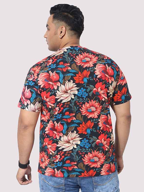 Men Plus Size Red Floral Digital Printed Round Neck T-Shirt - Guniaa Fashions