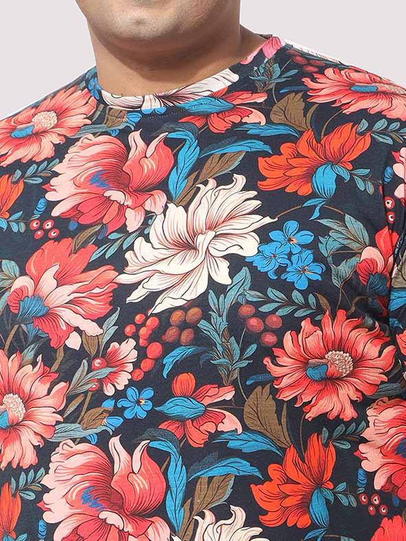 Men Plus Size Red Floral Digital Printed Round Neck T-Shirt - Guniaa Fashions