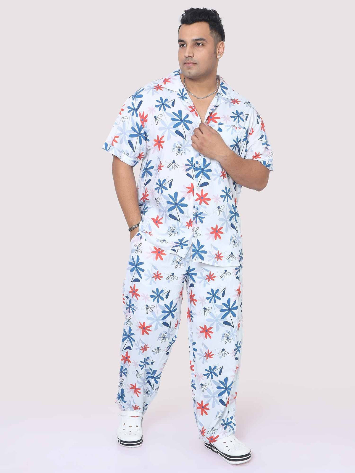 Men Plus Size Star Flowers Printed Full Sleeve Co-Ords - Guniaa Fashions