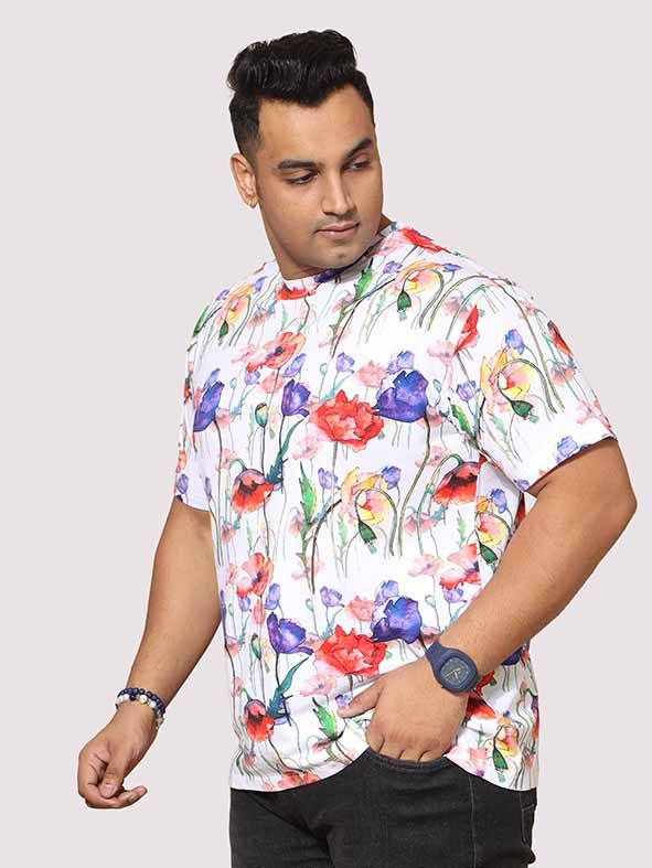 Men Plus Size Watercolour Flower Digital Printed Round Neck T-Shirt - Guniaa Fashions