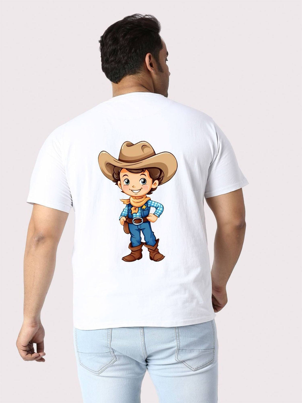 Men Plus Size White Cowboy Printed Round Neck T-Shirt. - Guniaa Fashions