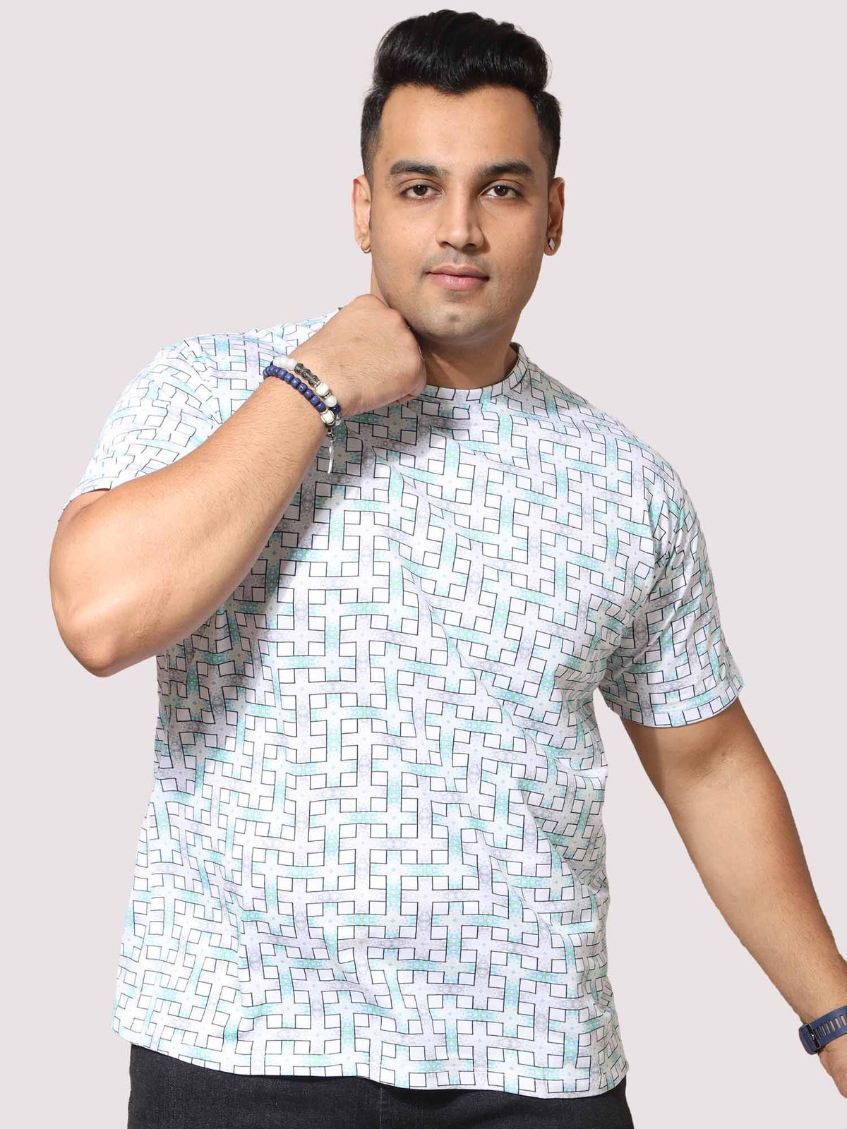 Men Plus Size White Grey Connecting Checks Digital Printed Round Neck T-Shirt - Guniaa Fashions