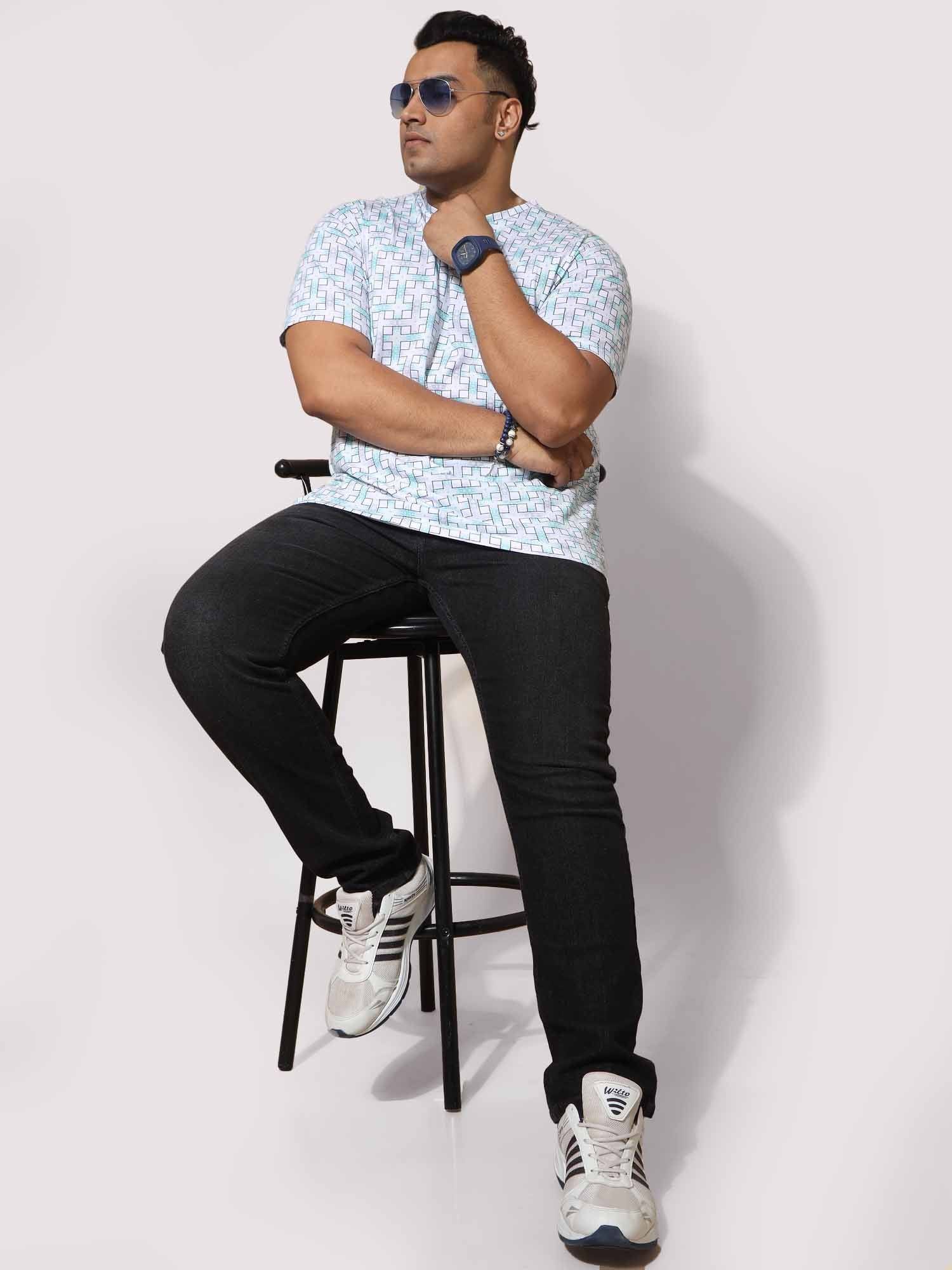 Men Plus Size White Grey Connecting Checks Digital Printed Round Neck T-Shirt - Guniaa Fashions
