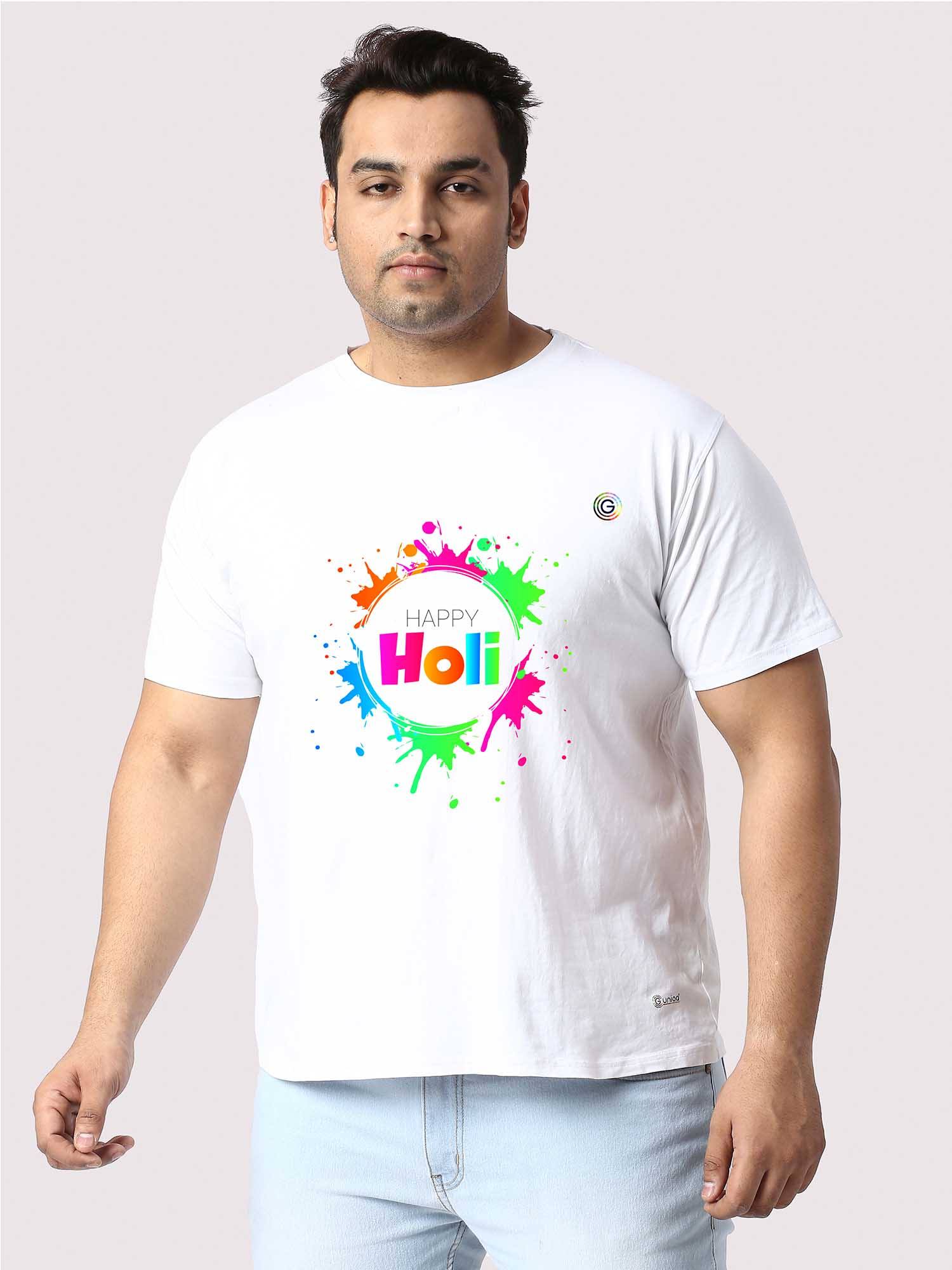 Men Plus Size White Happy Holi Graphic Printed Round Neck T-Shirt - Guniaa Fashions