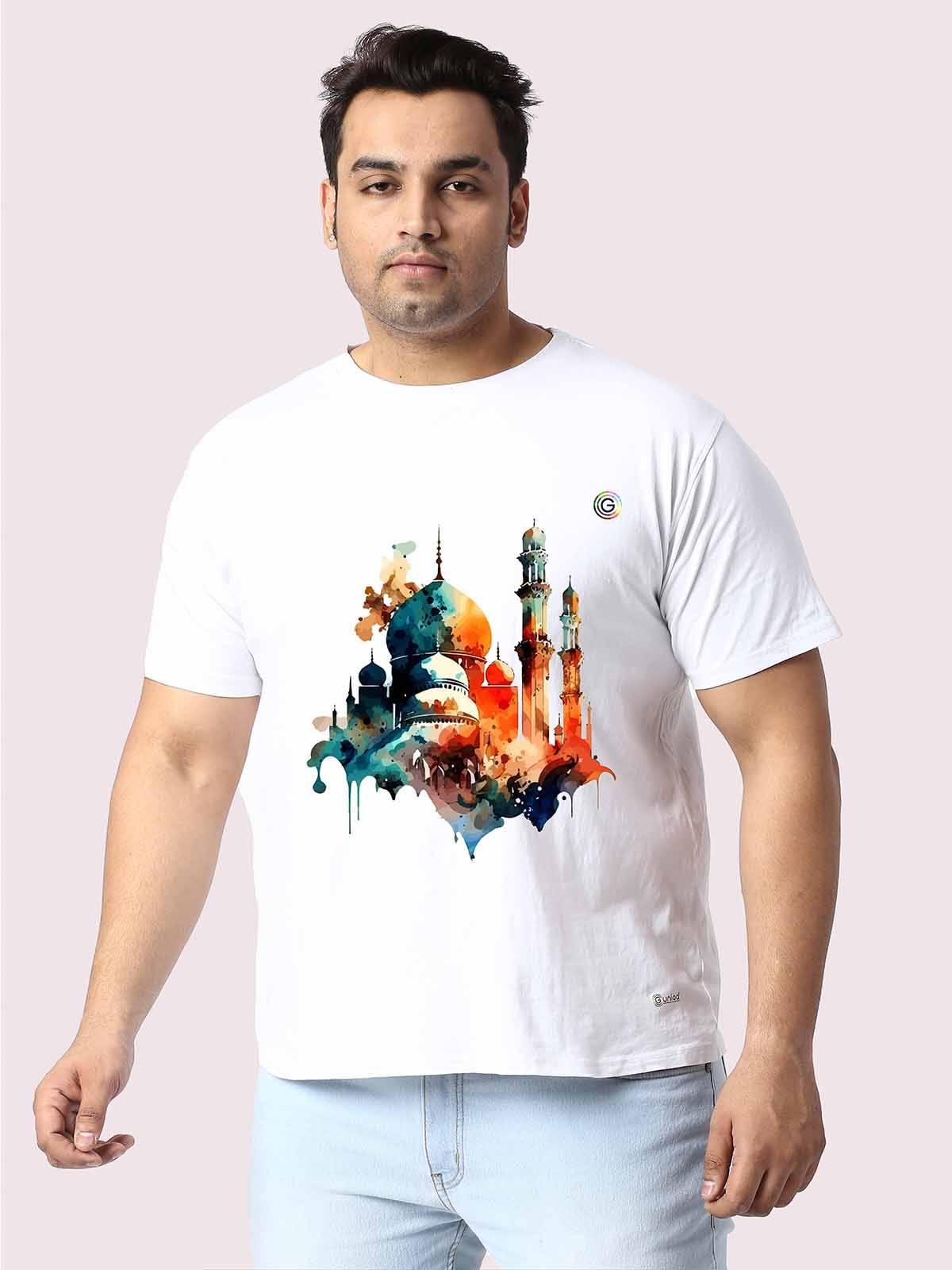 Men Plus Size White Mosque Printed Round Neck T-Shirt - Guniaa Fashions