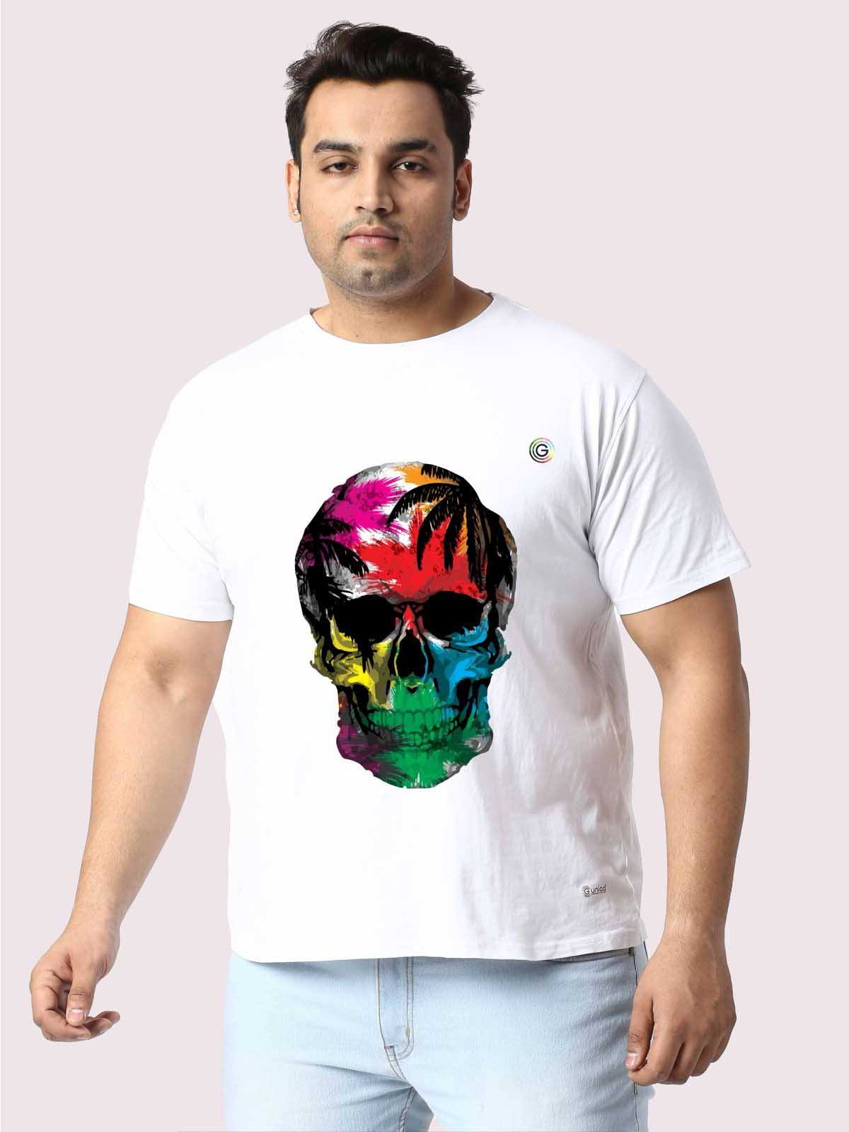 Men Plus Size White Tropical Skull Printed Round Neck T-Shirt - Guniaa Fashions