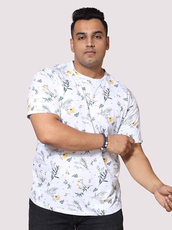 Buy Men Plus Size Yellow Flower Digital Printed Round Neck T-Shirt
