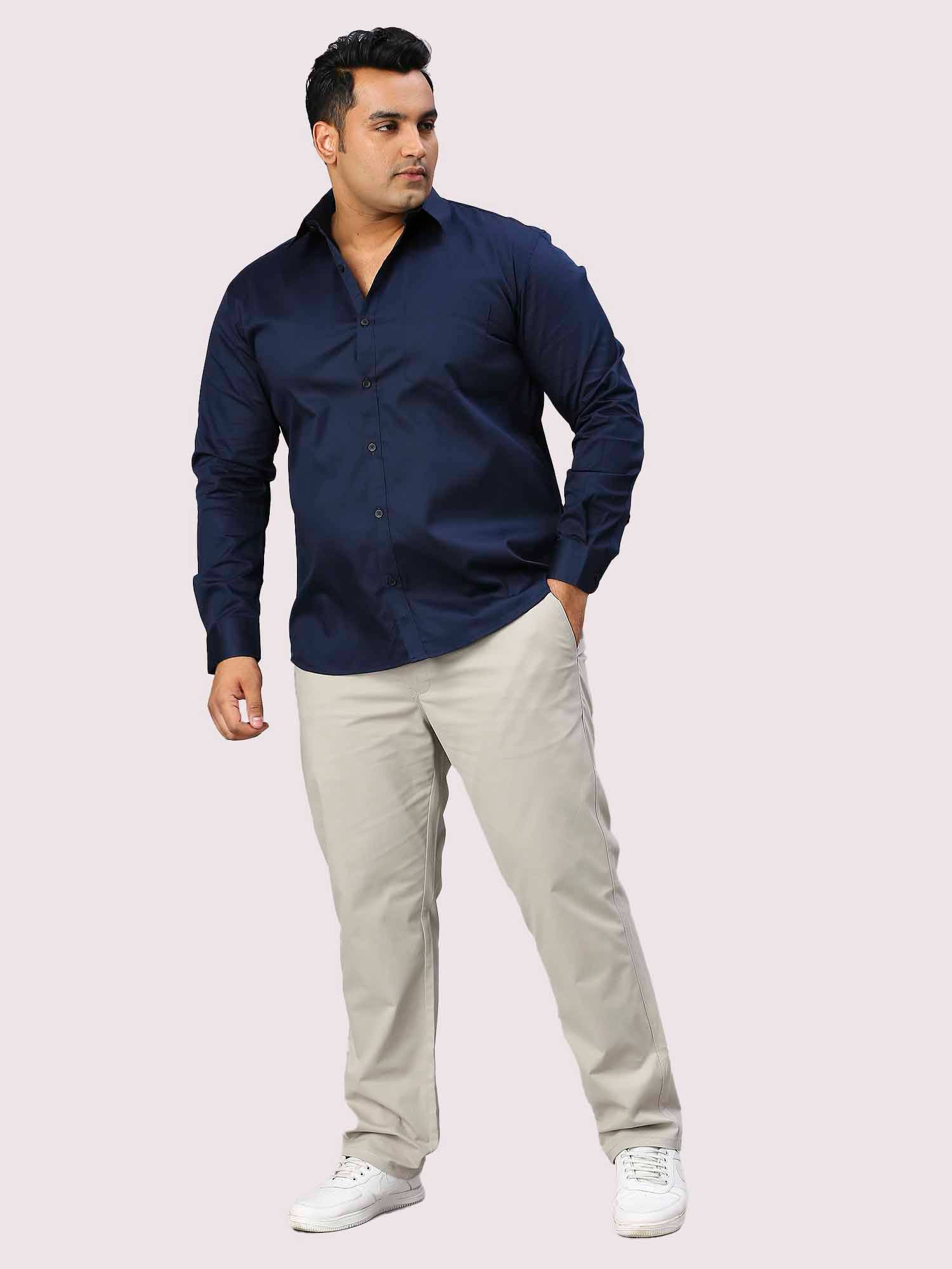 Navy Blue Pure Cotton Full Sleeve Shirt Men's Plus Size - Guniaa Fashions