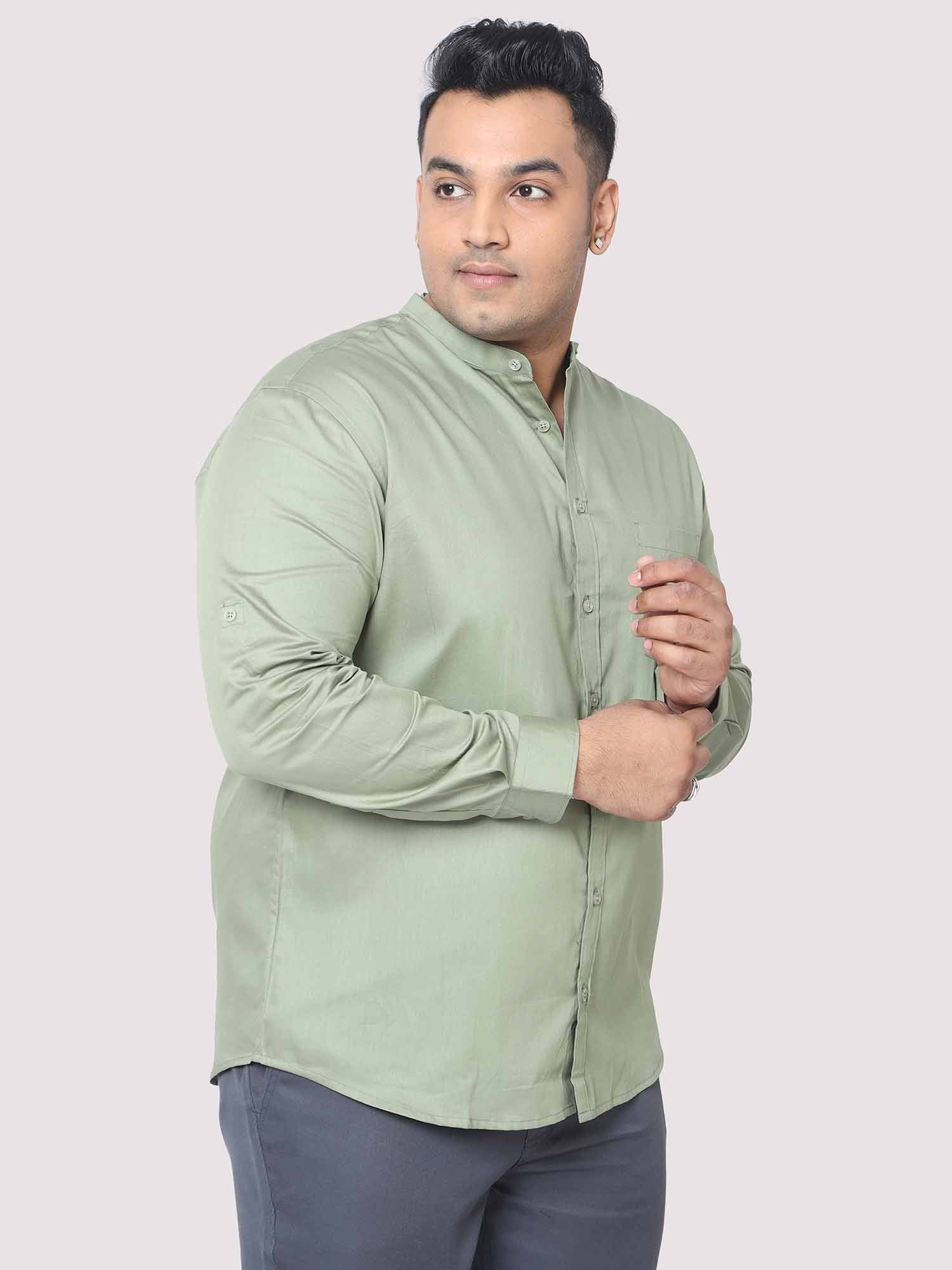 Olive Green Mandarin Collar Men's Plus Size Cotton Full Shirt - Guniaa Fashions