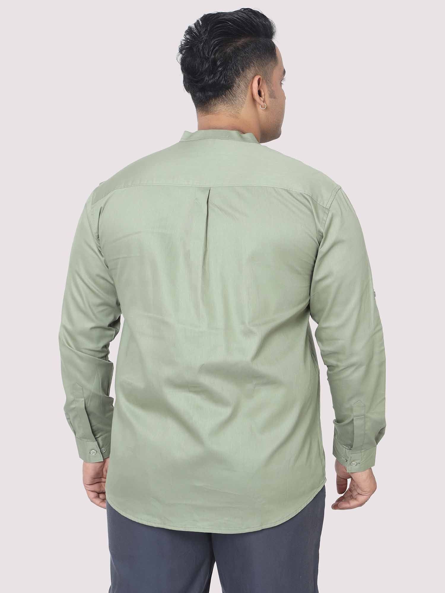 Olive Green Mandarin Collar Men's Plus Size Cotton Full Shirt - Guniaa Fashions