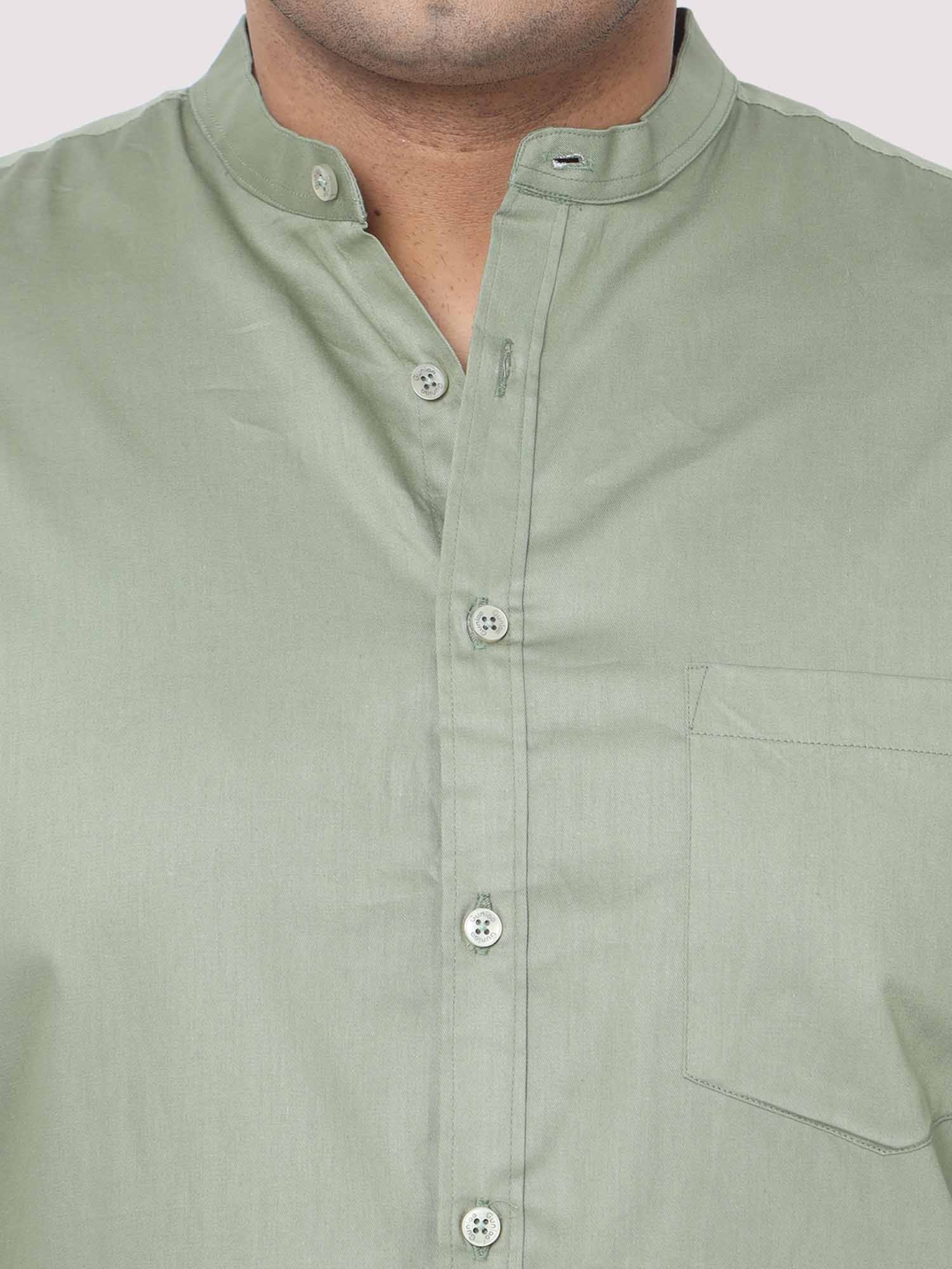 Olive Green Mandarin Collar Men's Plus Size Cotton Full Shirt - Guniaa Fashions