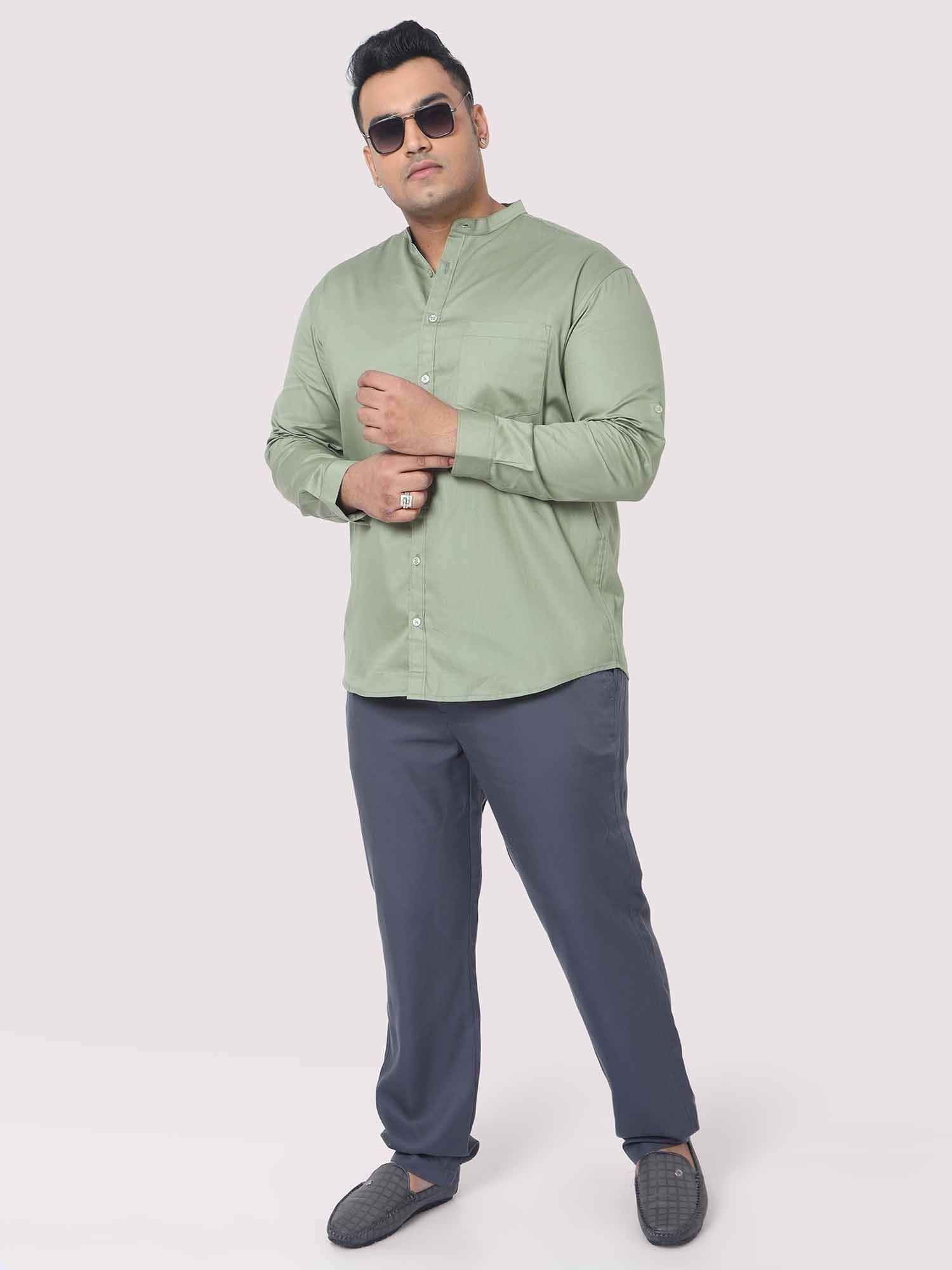 Olive Green Mandarin Collar Men's Plus Size Cotton Full Shirt - Guniaa Fashions