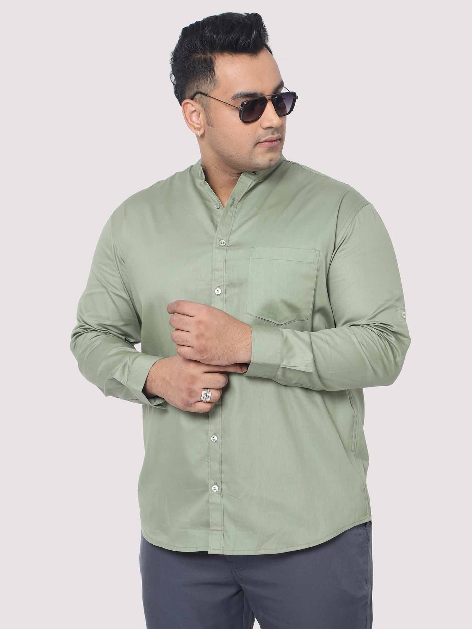 Olive Green Mandarin Collar Men's Plus Size Cotton Full Shirt - Guniaa Fashions
