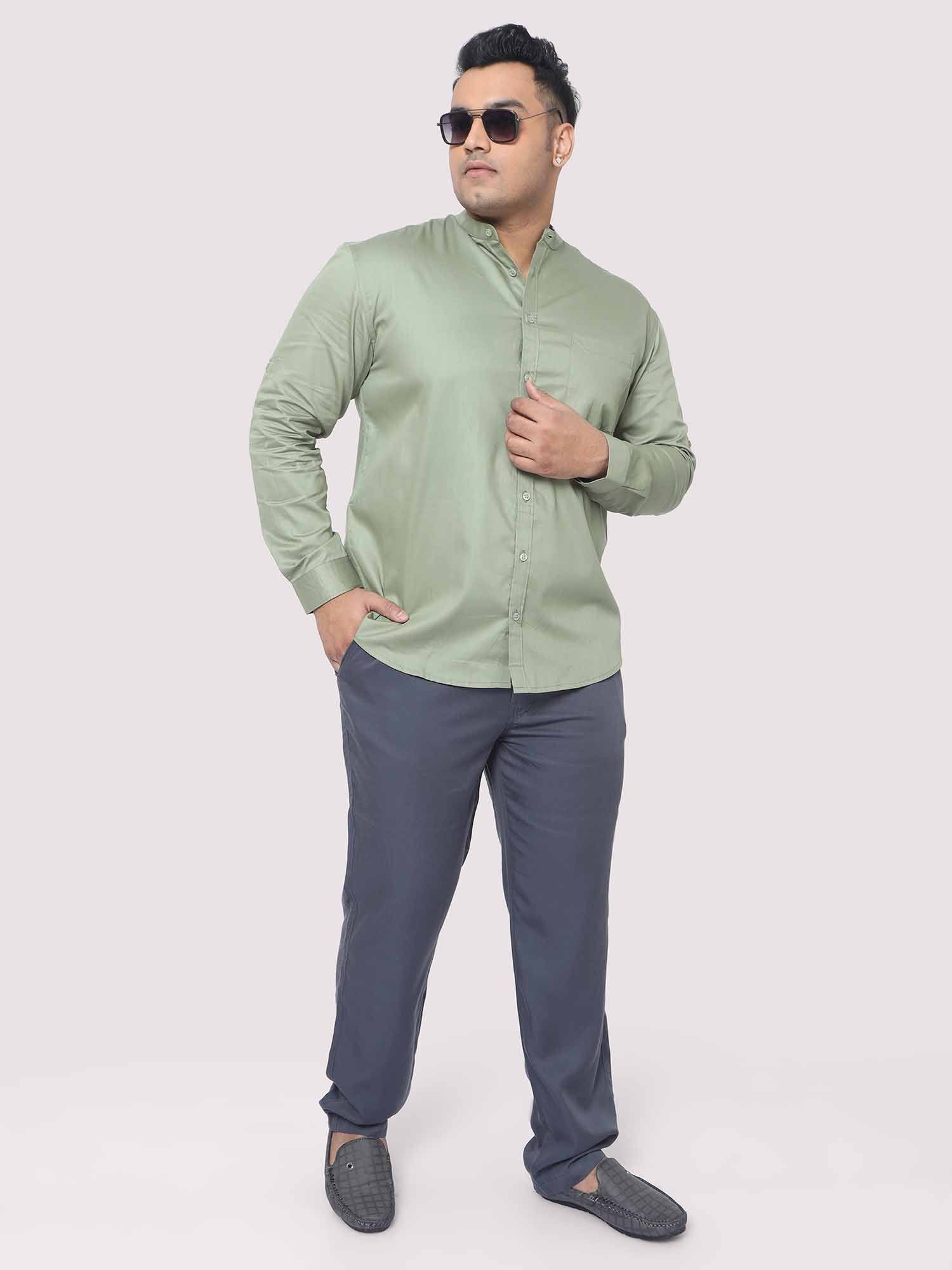 Olive Green Mandarin Collar Men's Plus Size Cotton Full Shirt - Guniaa Fashions