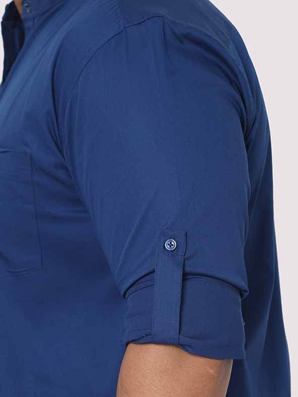Peacock Blue Mandarin Collar Men's Plus Size Cotton Full Shirt - Guniaa Fashions