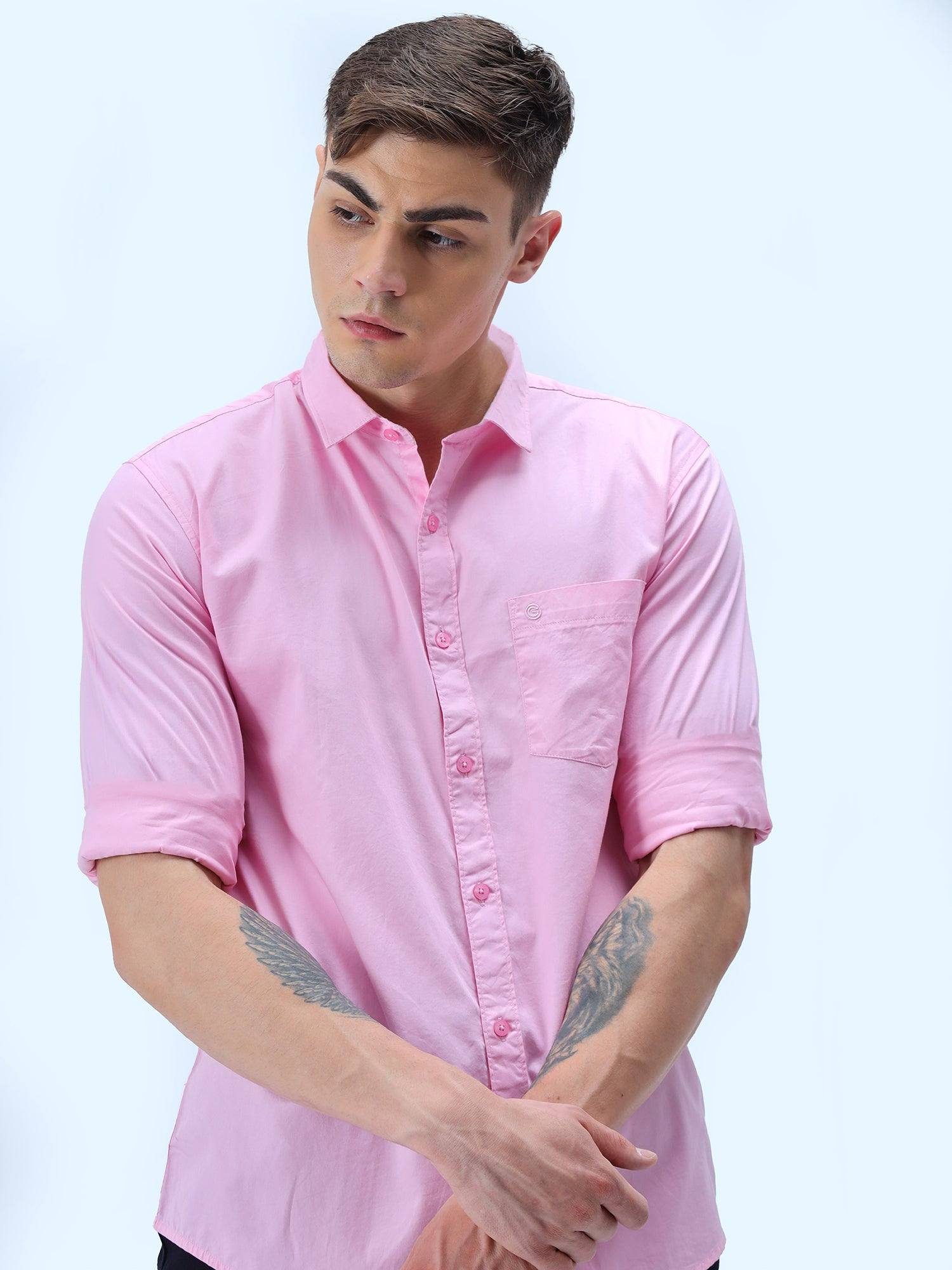 Pink Solid Cotton Full Sleeve Shirt - Guniaa Fashions