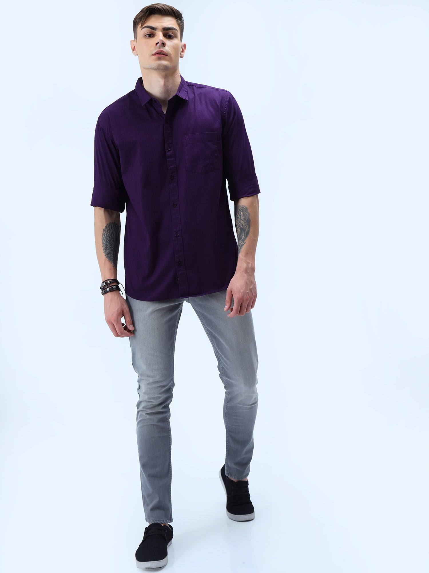 Purple Solid Cotton Full Sleeve Shirt - Guniaa Fashions
