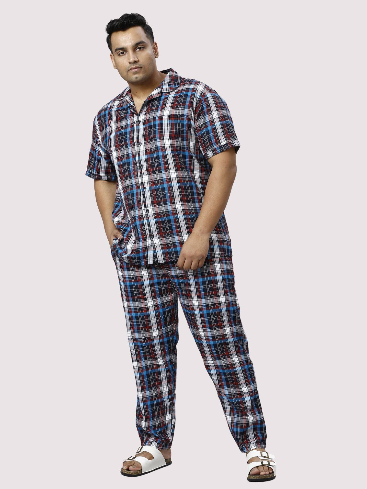 Red and Blue Checks Printed Full Co-ords Set Men's Plus Size - Guniaa Fashions