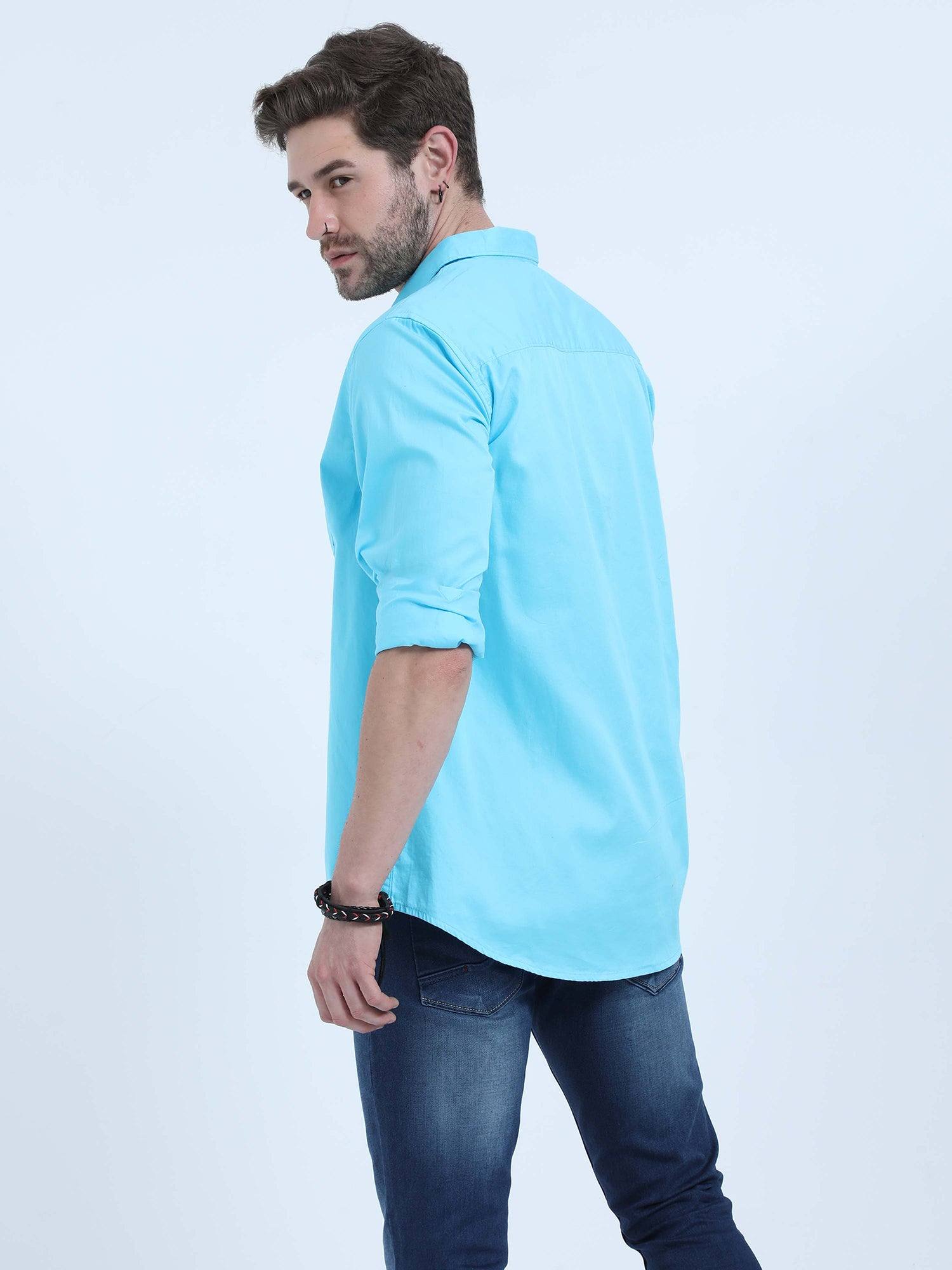 Sky Blue Solid Cotton Full Sleeve Shirt - Guniaa Fashions