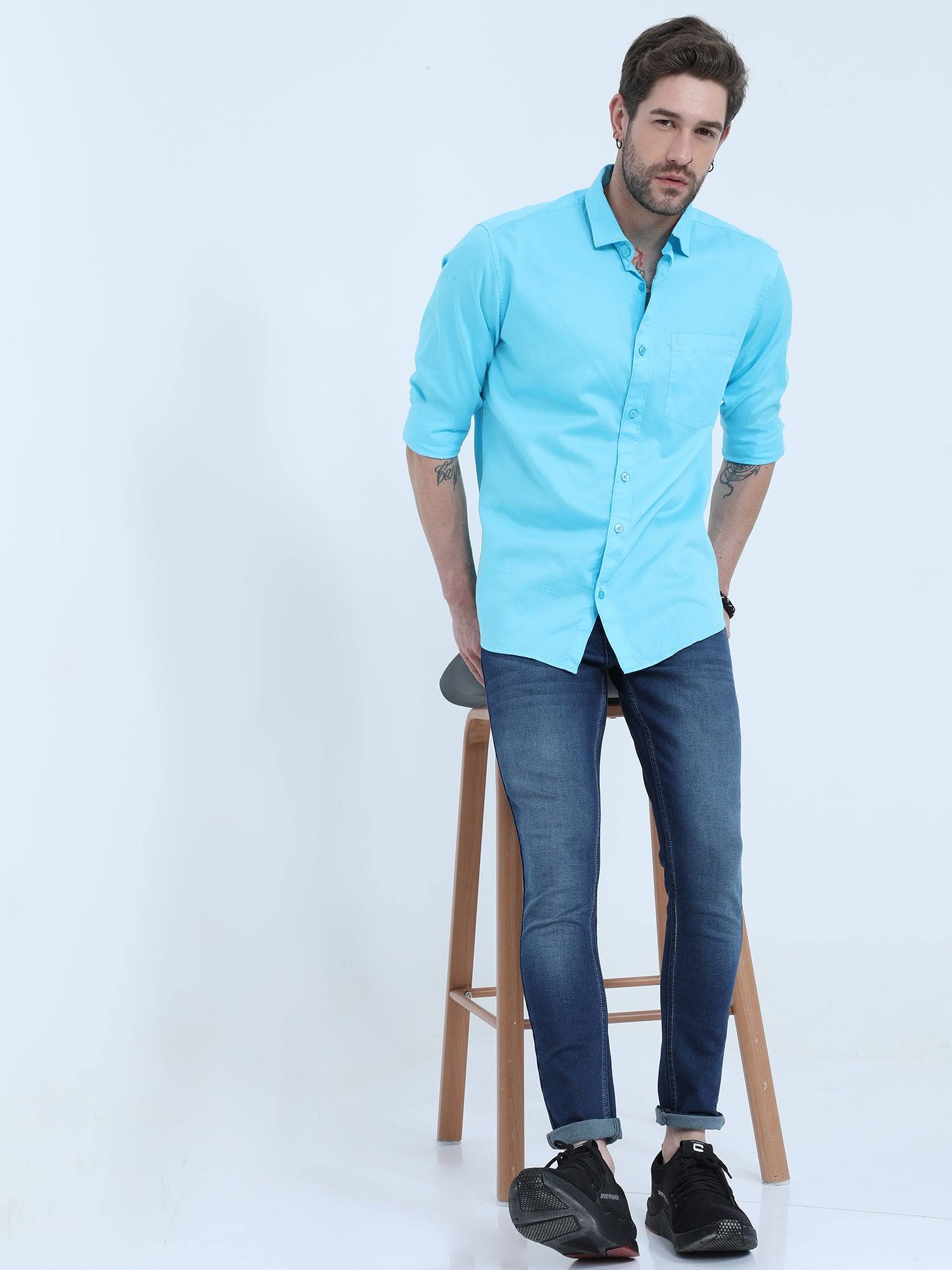 Sky Blue Solid Cotton Full Sleeve Shirt - Guniaa Fashions