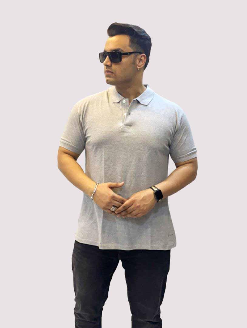 Stone Grey Solid Polo Collar Pure Cotton T-SHIRT Men's Plus Size - Guniaa Fashions