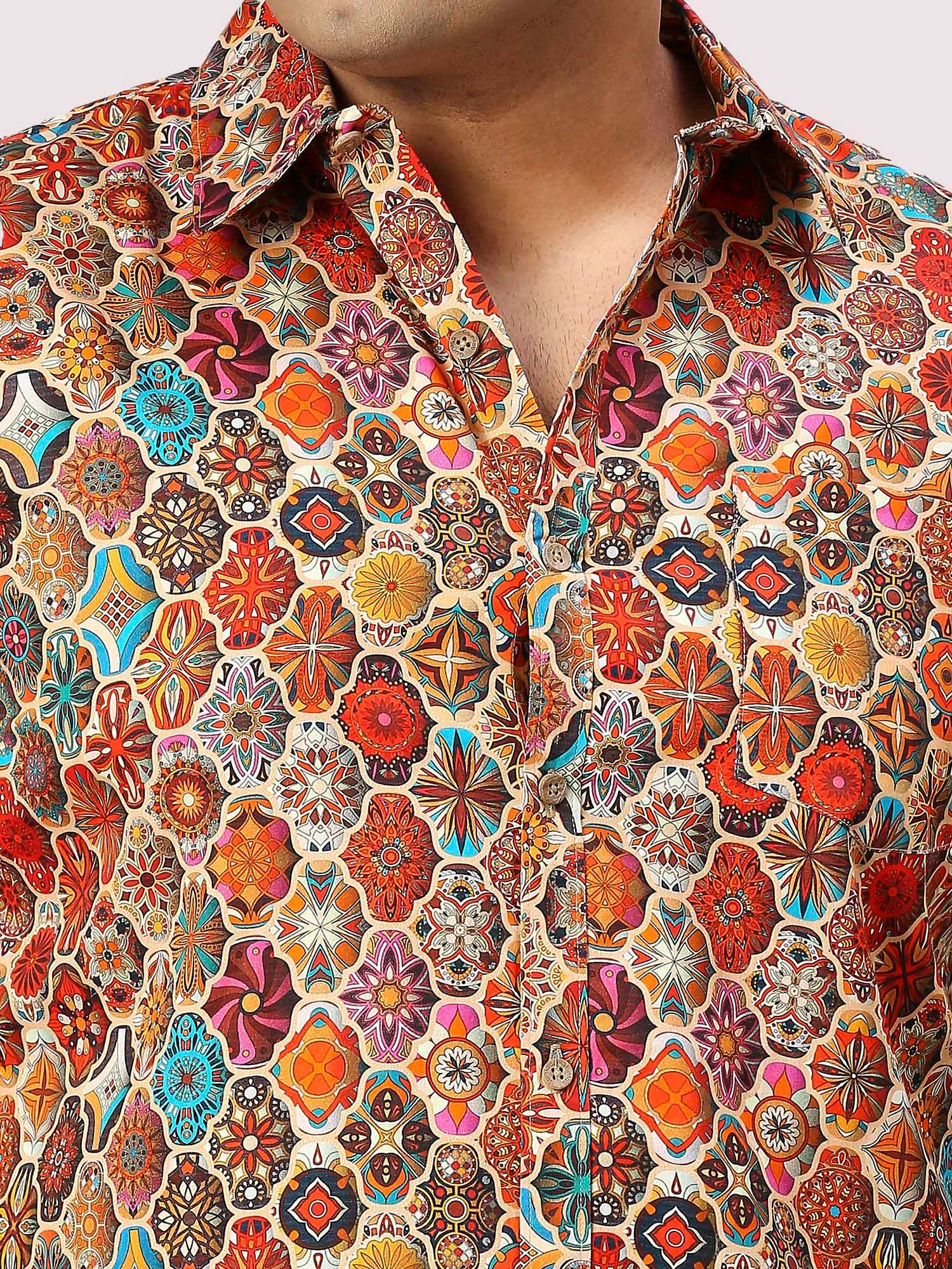 Tangerine Blocks Digital Printed Full Sleeve Men's Plus Size Shirt - Guniaa Fashions