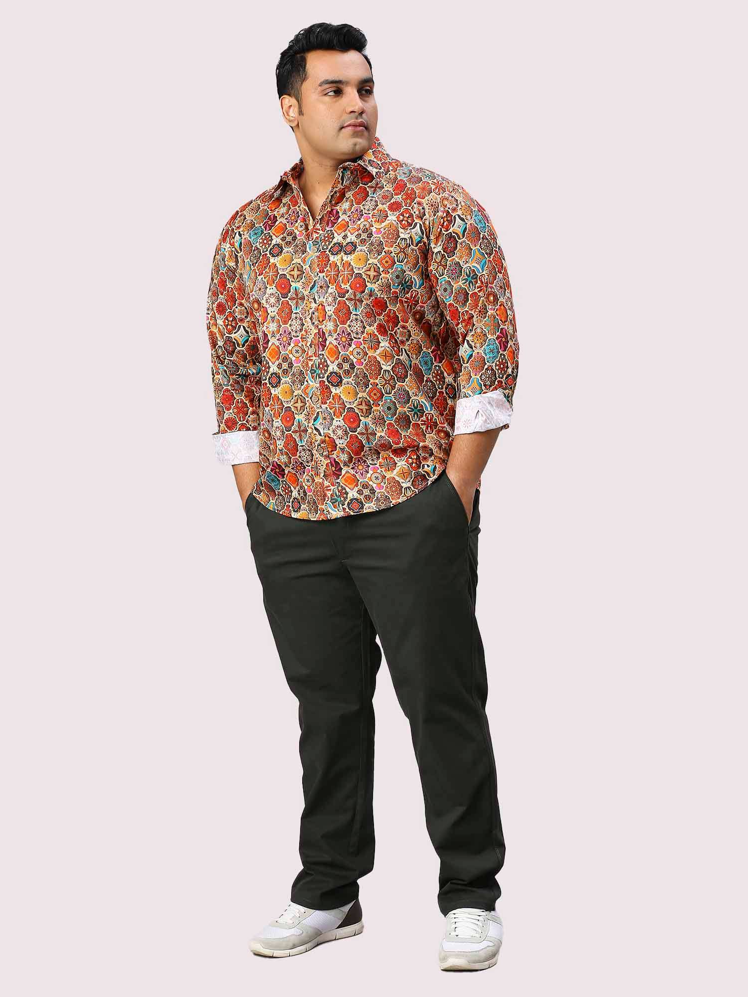 Tangerine Blocks Digital Printed Full Sleeve Men's Plus Size Shirt - Guniaa Fashions