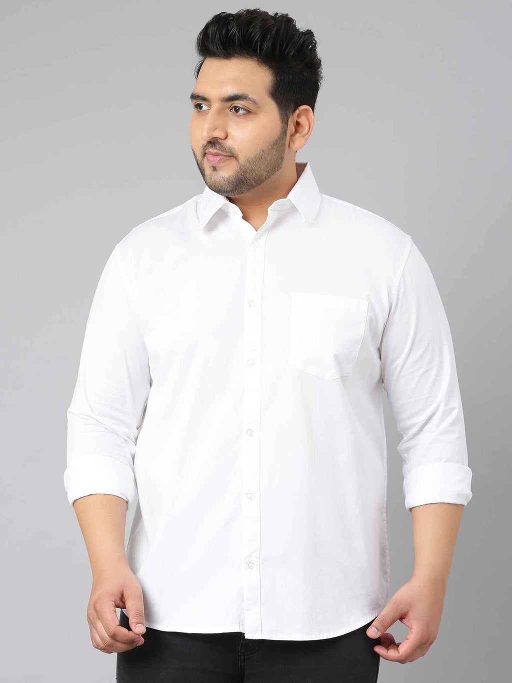 Buy White Solid Pure Cotton Full Sleeve Shirt Men's Plus Size Online ...
