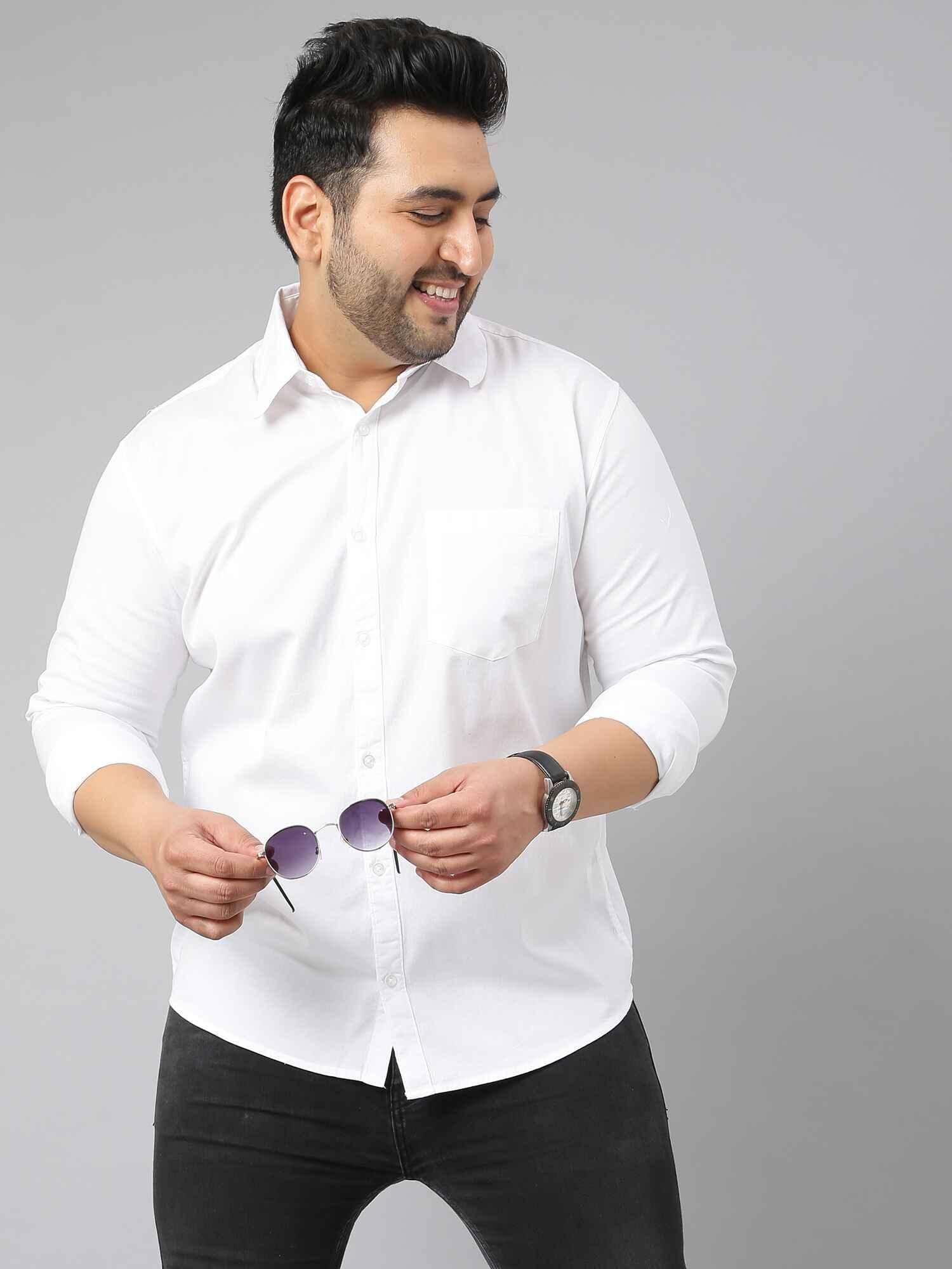 White Solid Pure Cotton Full Sleeve Shirt Men's Plus Size - Guniaa Fashions